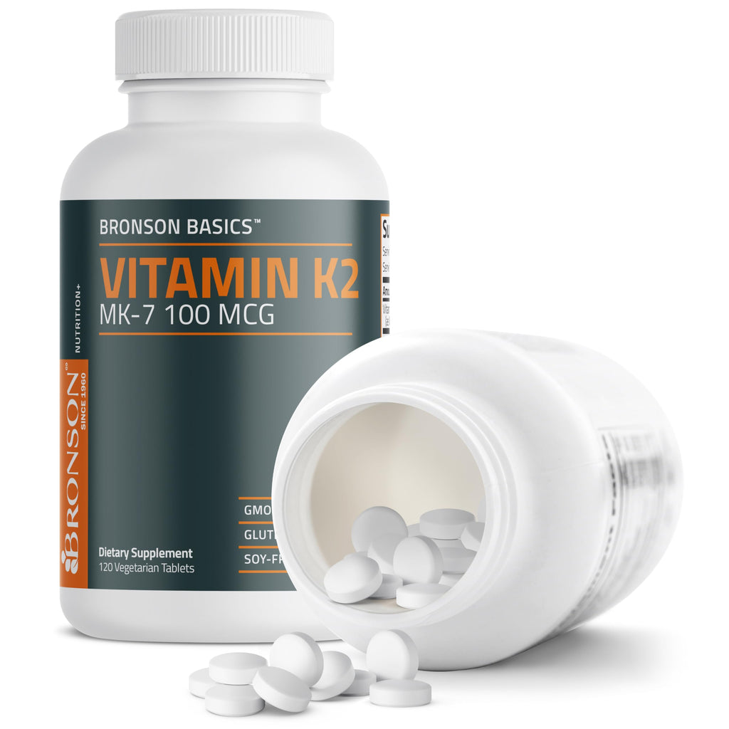 Bronson Vitamin K2 MK-7 100 mcg, K2 as MK7 Menaquinone, 120 Tablets | Helps Transport Calcium to Bones, Biologically Active Longer than Vitamin K1, Non-GMO, Gluten-Free & Soy-Free