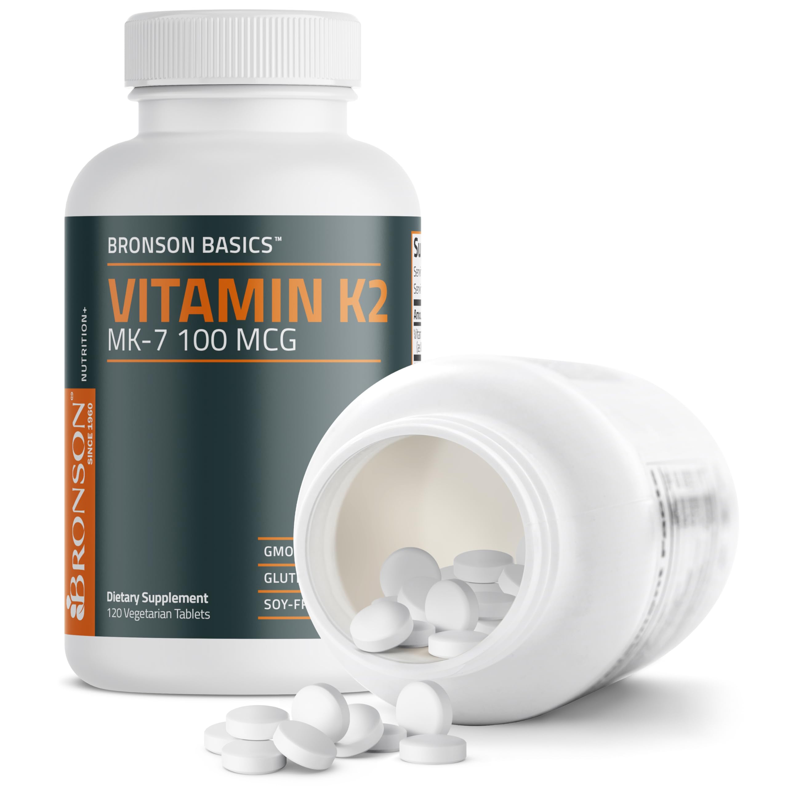 Bronson Vitamin K2 MK-7 100 mcg, K2 as MK7 Menaquinone, 120 Tablets | Helps Transport Calcium to Bones, Biologically Active Longer than Vitamin K1, Non-GMO, Gluten-Free & Soy-Free