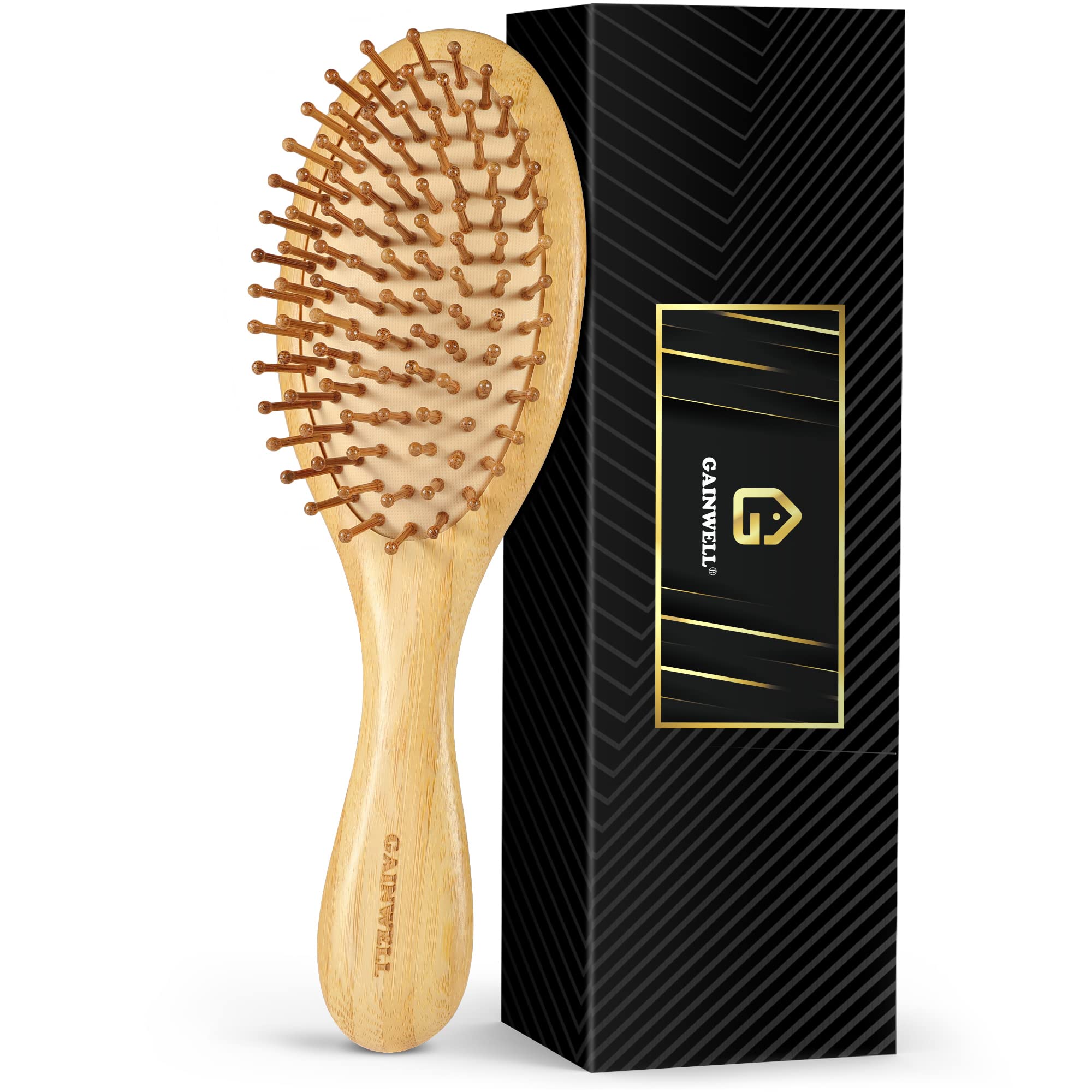 GAINWELL Hair Brush for Hair Growth, Bamboo Bristles Detangling Wooden Paddle Hair Brush for Massaging Scalp, All Hair Types Women Men Kids, Ergonomic Handle, Pointed Bristle