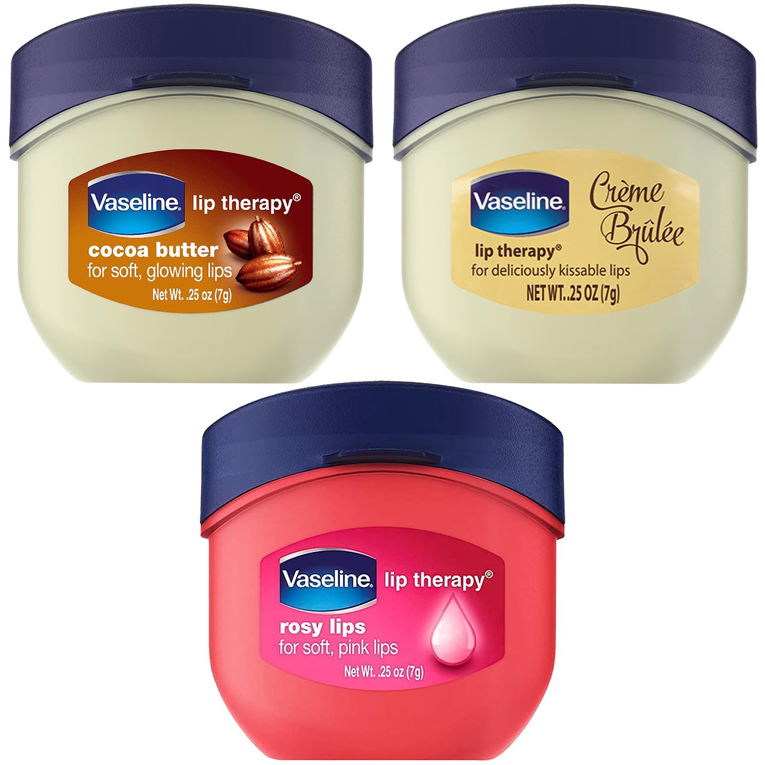 Buy now Vaseline Lip Therapy Variety 3-Pack â€“ CrÃ¨me BrÃ»lÃ©e, Rosy Lips, Cocoa Butter Mini Lip Balms for Soft, Glowing, and Deliciously Kissable Lips, 0.25 Oz Ea CrÃ¨me BrÃ»lÃ©e, Rosy Lips & Cocoa Butter at indiglob india