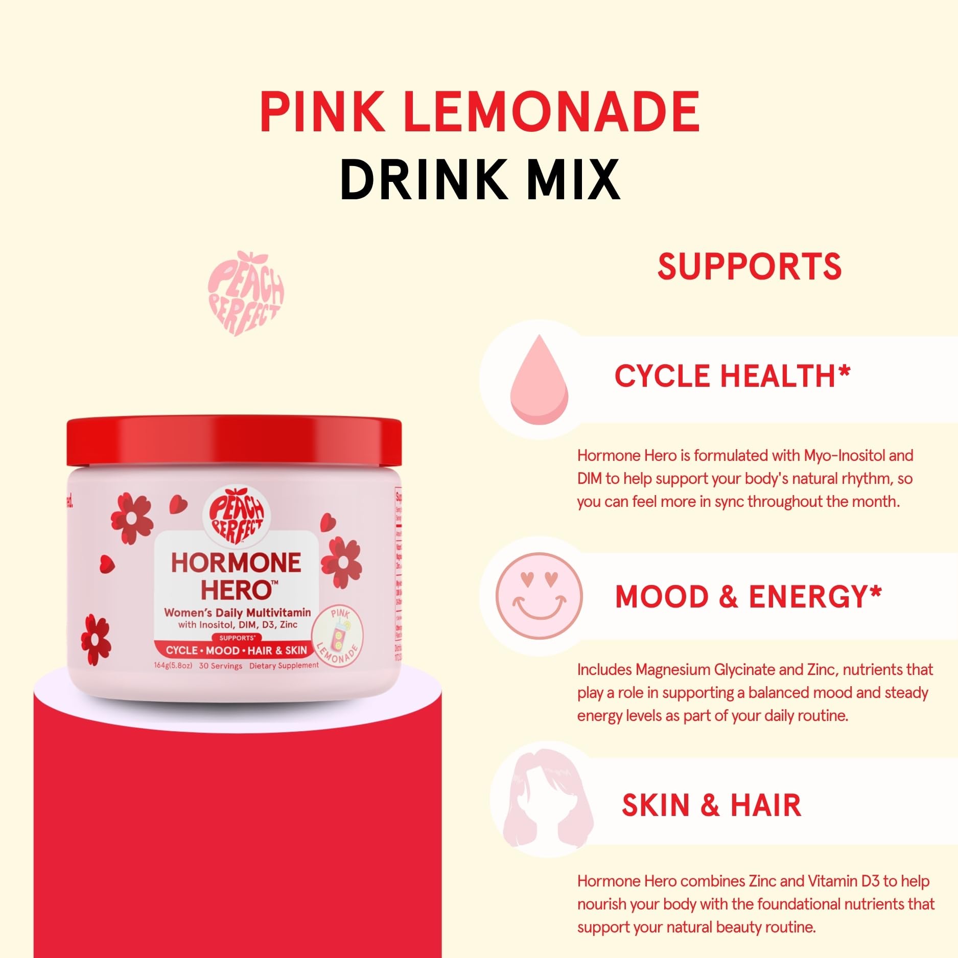 Peach Perfect Inositol Powder Multivitamin, Pink Lemonade Flavor – 4g Myo & D-Chiro Inositol, DIM, Zinc, Magnesium Glycinate, Vitamin D3 – Supports Women’s Health, Cycle, Energy, 30 SVG