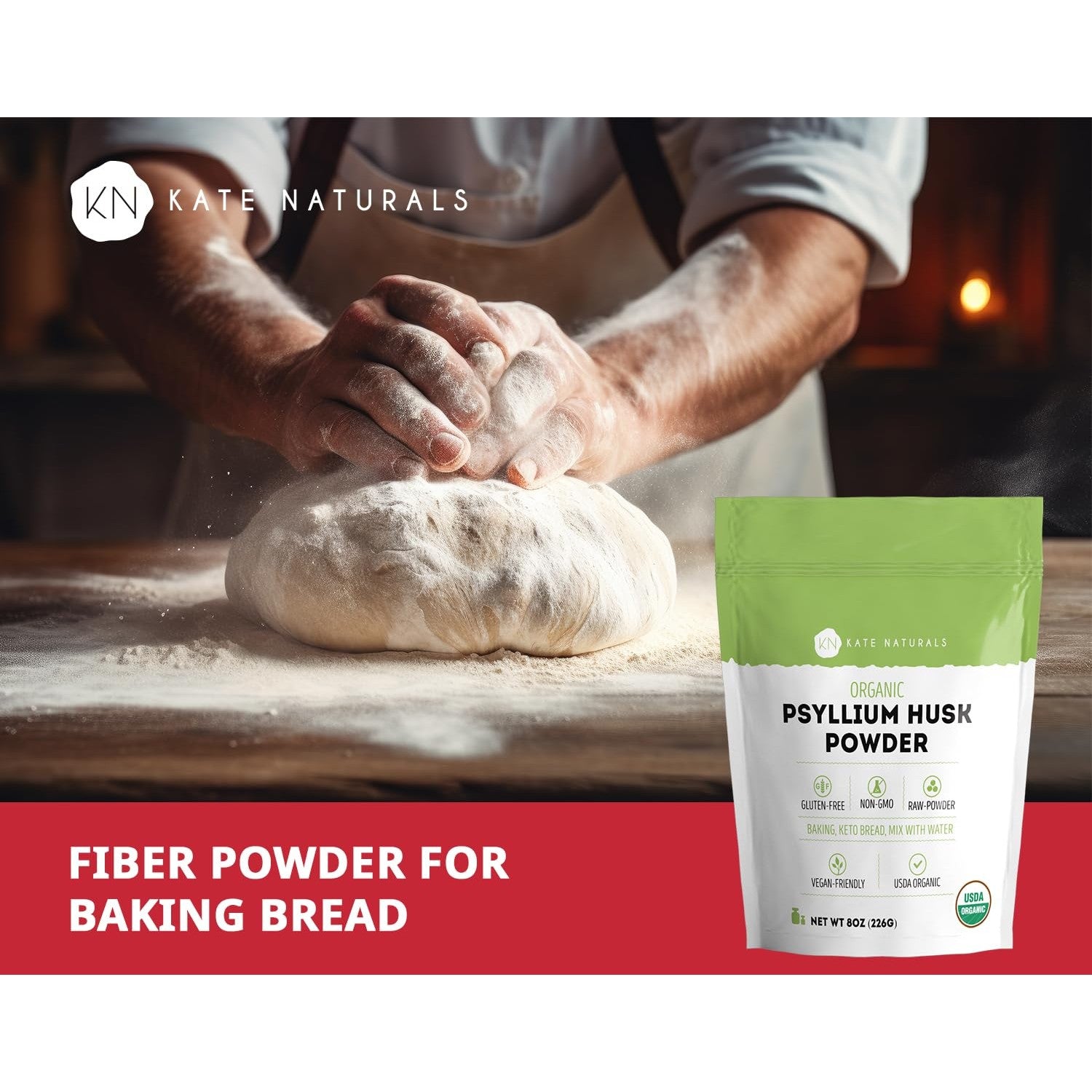 Kate Naturals Psyllium Husk Powder for Fiber and Baking Bread, 8oz | Organic, Gluten Free, Fine Ground, For Digestion, Mixes Easily with Juice & Smoothies