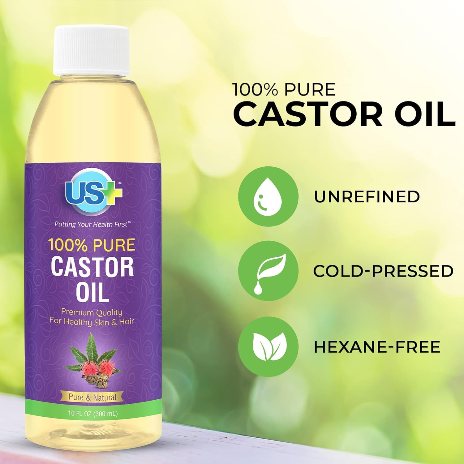Buy now US+ 10oz 100% Pure Castor Oil - Cold-pressed, Unrefined, Hexane-free - USP Grade - Premium Quality for Healthy Skin & Hair at indiglob india