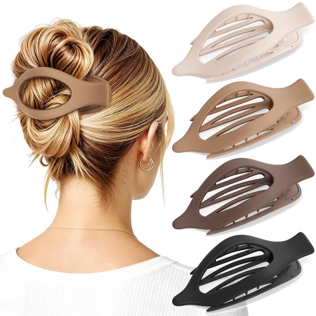 4 PCS Large Flat Hair Clips for Women Girls, French Concord Lay Down Claw Clips for Thick Thin Hair, Comfortable Curved Flat Clip, Leopard Print Stylish Strong Hold Hair Accessories, Tortoise