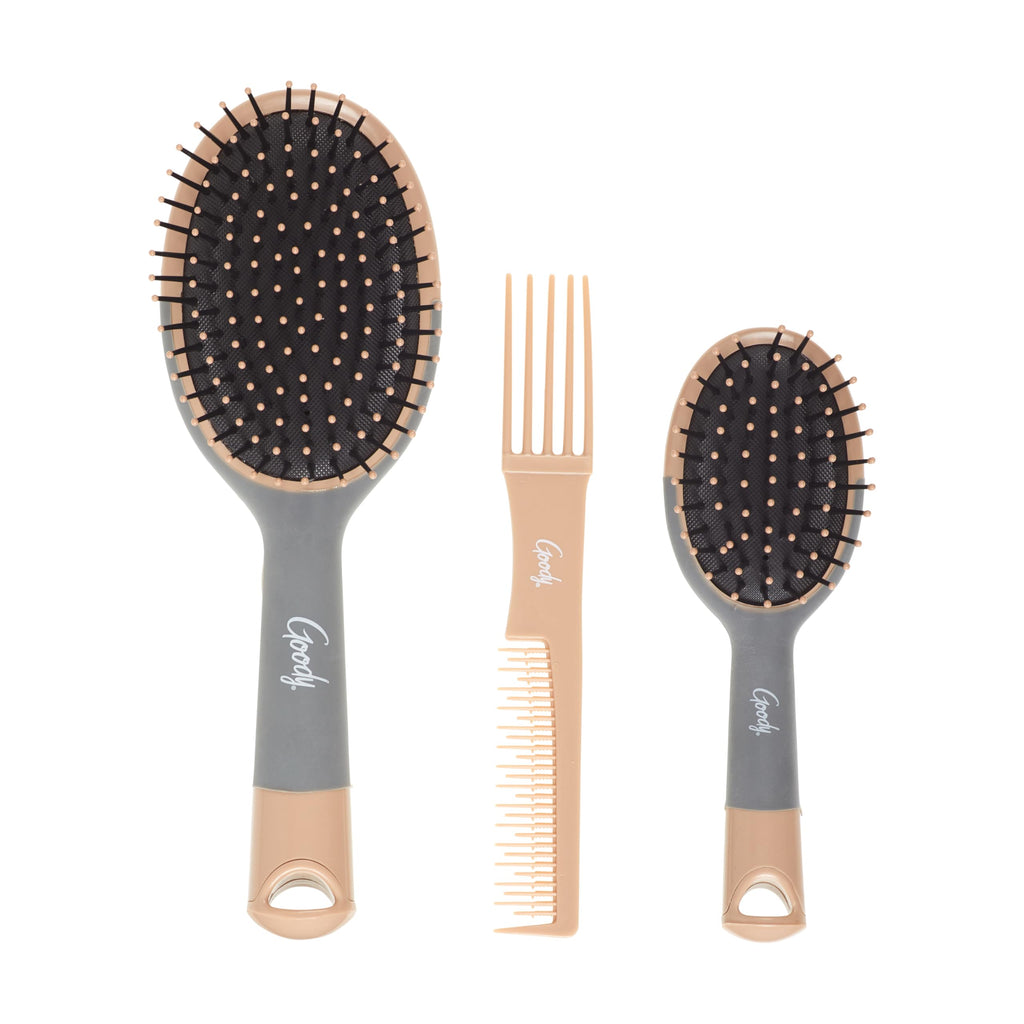 Goody Detangle It Hair Brushes Set - Large Oval Paddle Brush + Detangling Comb + Mini Brush, Suitable for Detangling & Styling, Pick Comb for Tangles On-the-Go, For Wet or Dry Hair, Brown/Grey