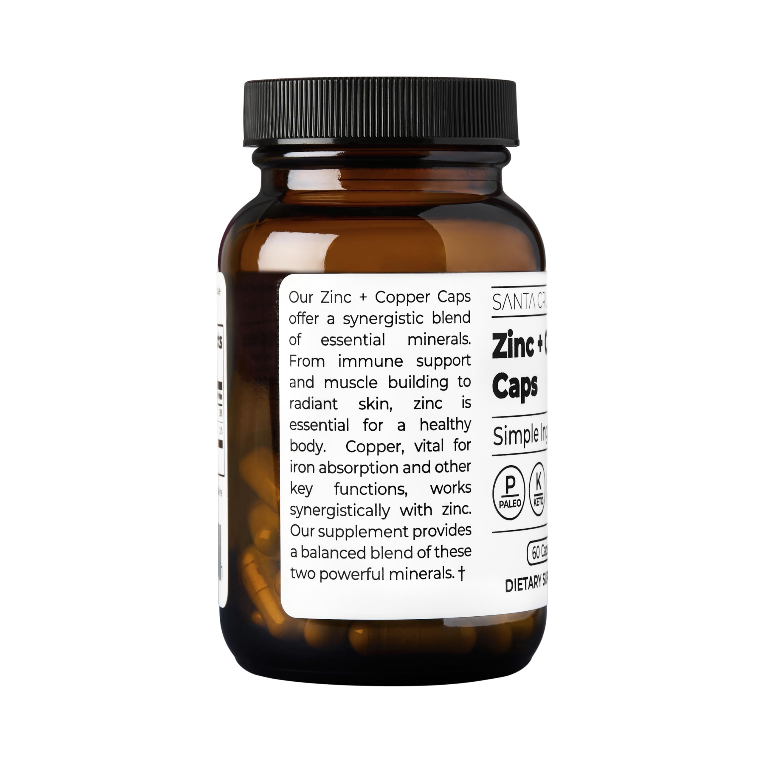 Santa Cruz Paleo, Zinc & Copper Mineral Supplement, High Absorption Formula, Zinc Supplement for Skin & Hair, L Methionine, Copper Gluconate, Trace Minerals, Gluten Free, Keto, Paleo, 60 Capsules