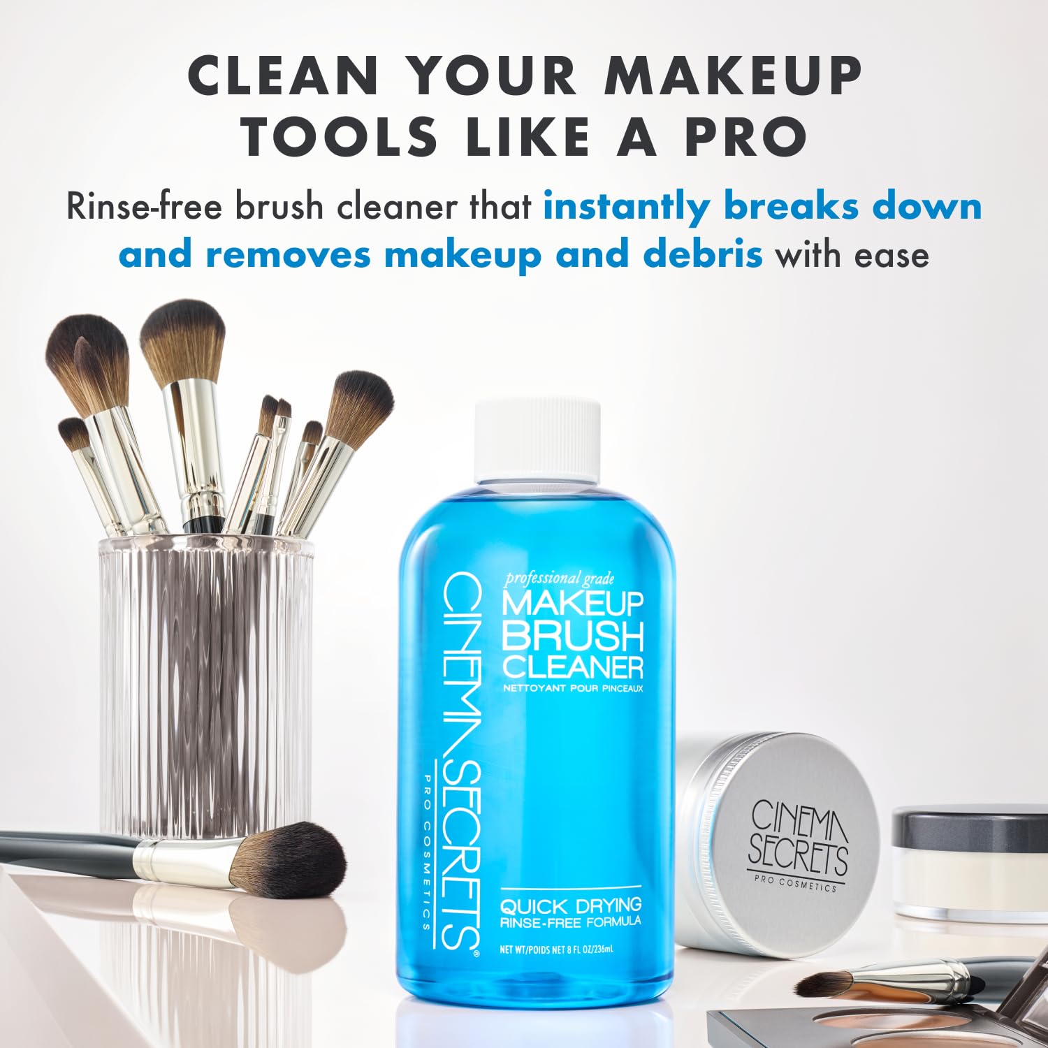 Cinema Secrets Original Blue Vanilla Makeup Brush Cleaner Solution - Professional Cleanser for Makeup Brushes - Quick-Drying, Rinse-Free Formula - Removes Stubborn Waterproof Make Up (16 fl oz)