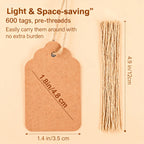 600 PCS Pre-Strung Key Tags with String Attached, Brown Kraft Paper Key Labels, Writable Blank Tags, 1.4 x 1.8 Inch for Key Organization, Inventory Management, Retail Pricing, Clothing and Jewelry