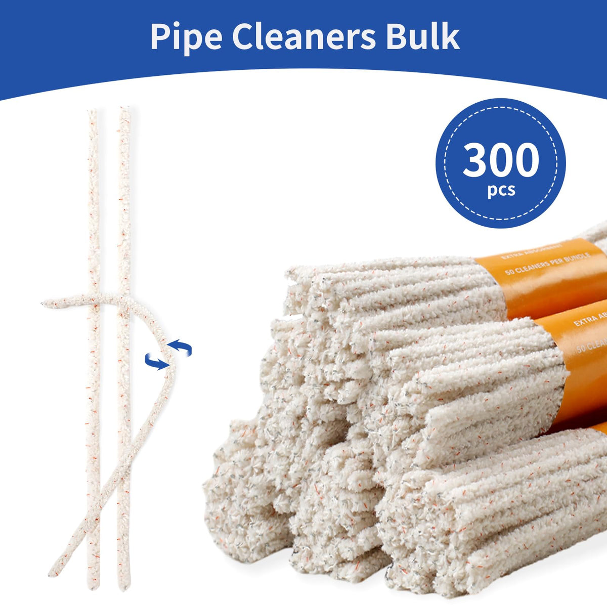 Phinus 300 Pack Pipe Cleaners Pipe, 6-Inch Pipe Cleaners Bulk, Cotton and Plastic Pipe Cleaner, Pipecleaners for Removing Tar & Resin, Pipe Cleaners for Plastic Metal Ceramic Wood Pipe, cream