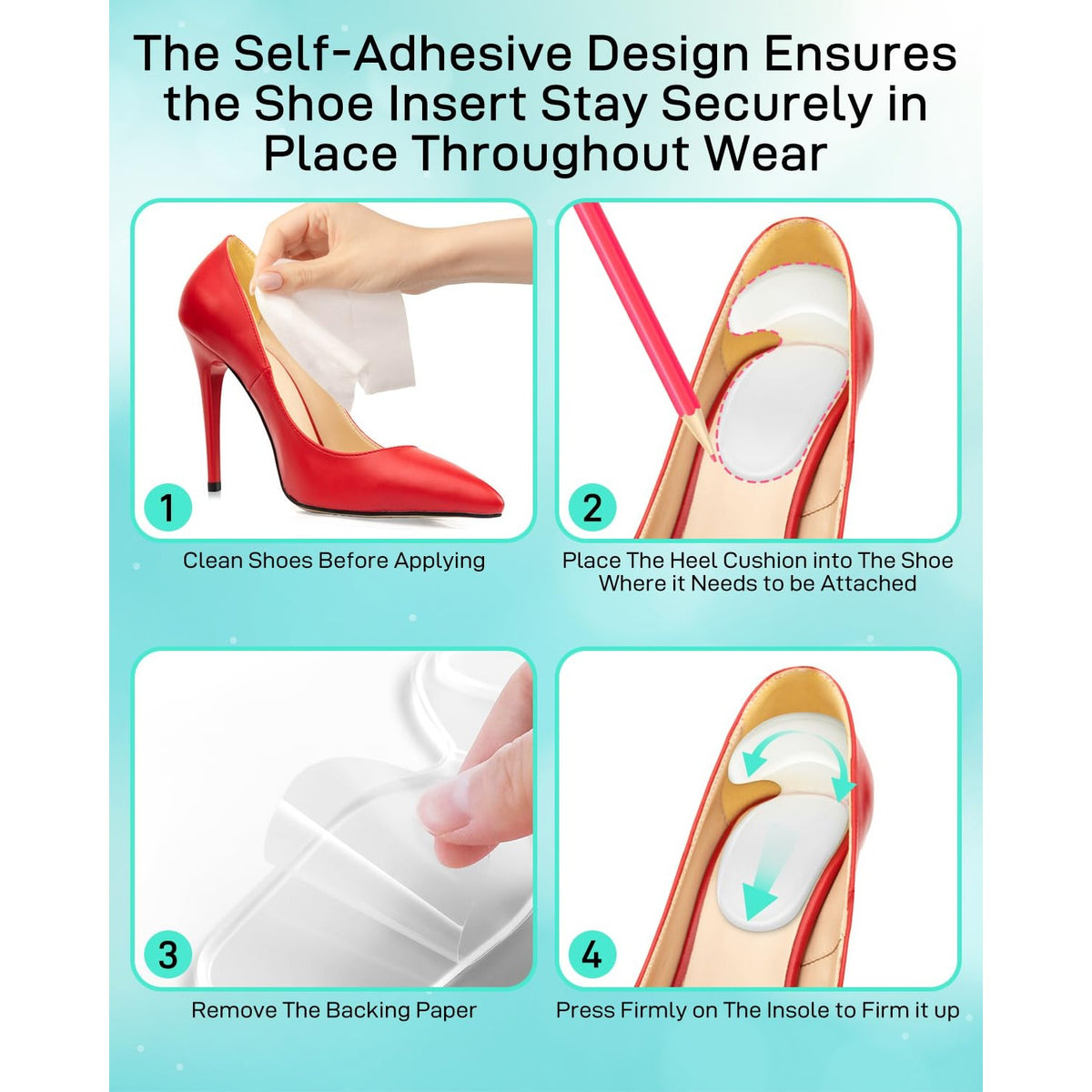 10PCS High Heel Comfort Pad Inserts, Silicone Shoe Cushion Insoles Heel Grips Liner Metatarsal Pads for Women Shoes Too Big, Prevent Rubbing Blisters, Self Adhesive, Clear