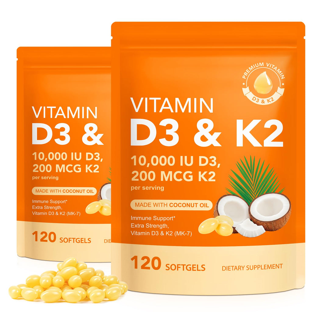 Vitamin D3 K2 Supplement Softgel, Vitamin D3 K2 Softgel with 10000 IU Supports Immune, Heart, Teeth & Bone Health, Free of GMO, Gluten, Soy, 120 Softgels