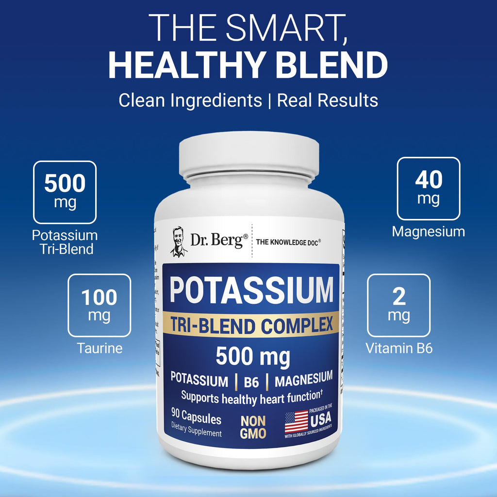 Dr. Berg Potassium Tri-Blend Complex – 500 mg Potassium Supplement for Muscle & Nerve Support* – Maximum Strength Potassium Formula w/Magnesium, B6 & Taurine – 90 Capsules