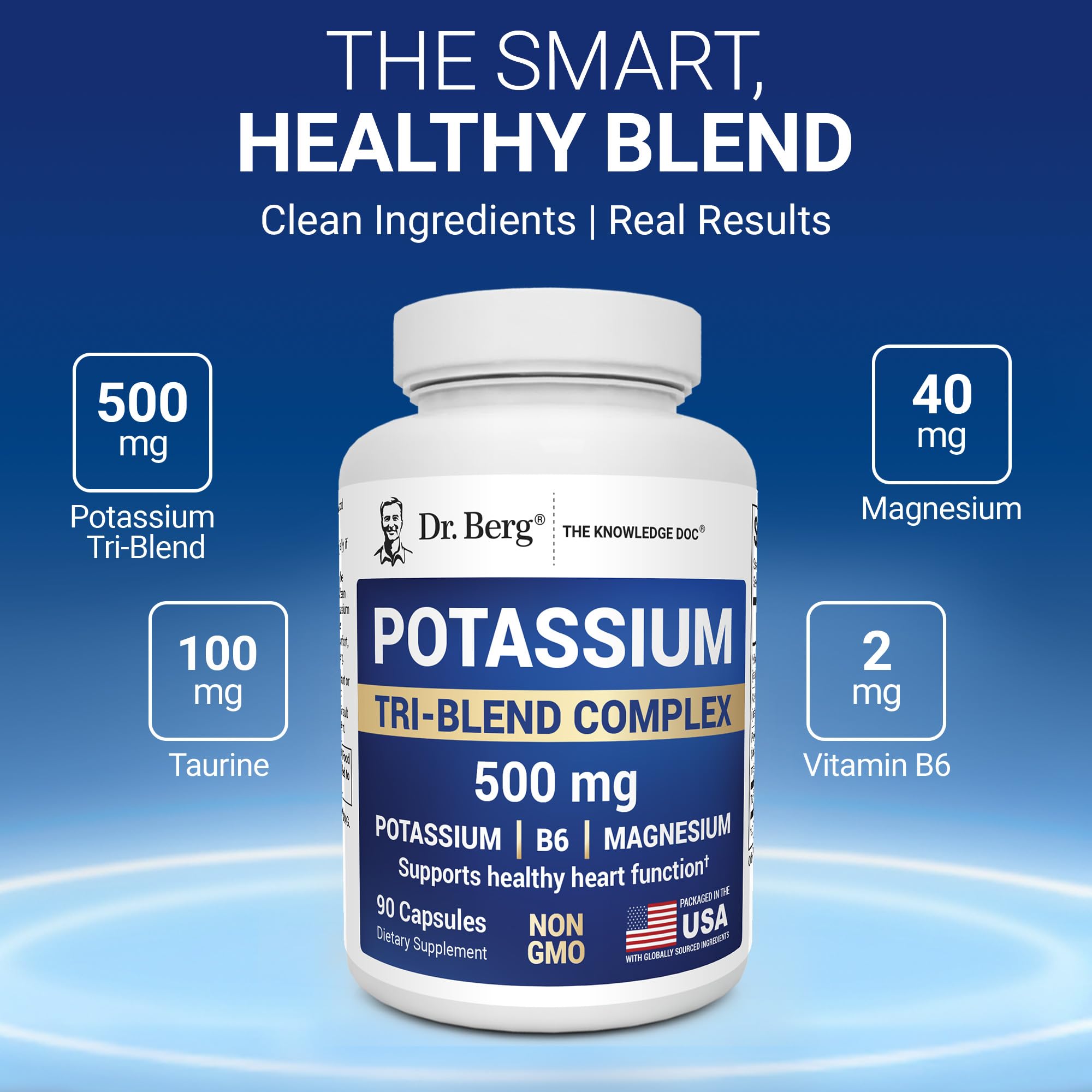Dr. Berg Potassium Tri-Blend Complex – 500 mg Potassium Supplement for Muscle & Nerve Support* – Maximum Strength Potassium Formula w/Magnesium, B6 & Taurine – 90 Capsules