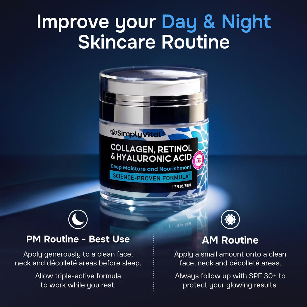 SimplyVital Face Moisturizer Retinol Collagen Hyaluronic Acid Cream 1.7 oz | Anti-Aging, Moisturizer Face Cream for Women & Men, Visibly Firming, Hydrating Neck Care, Day & Night Skin Care, Silky Feel