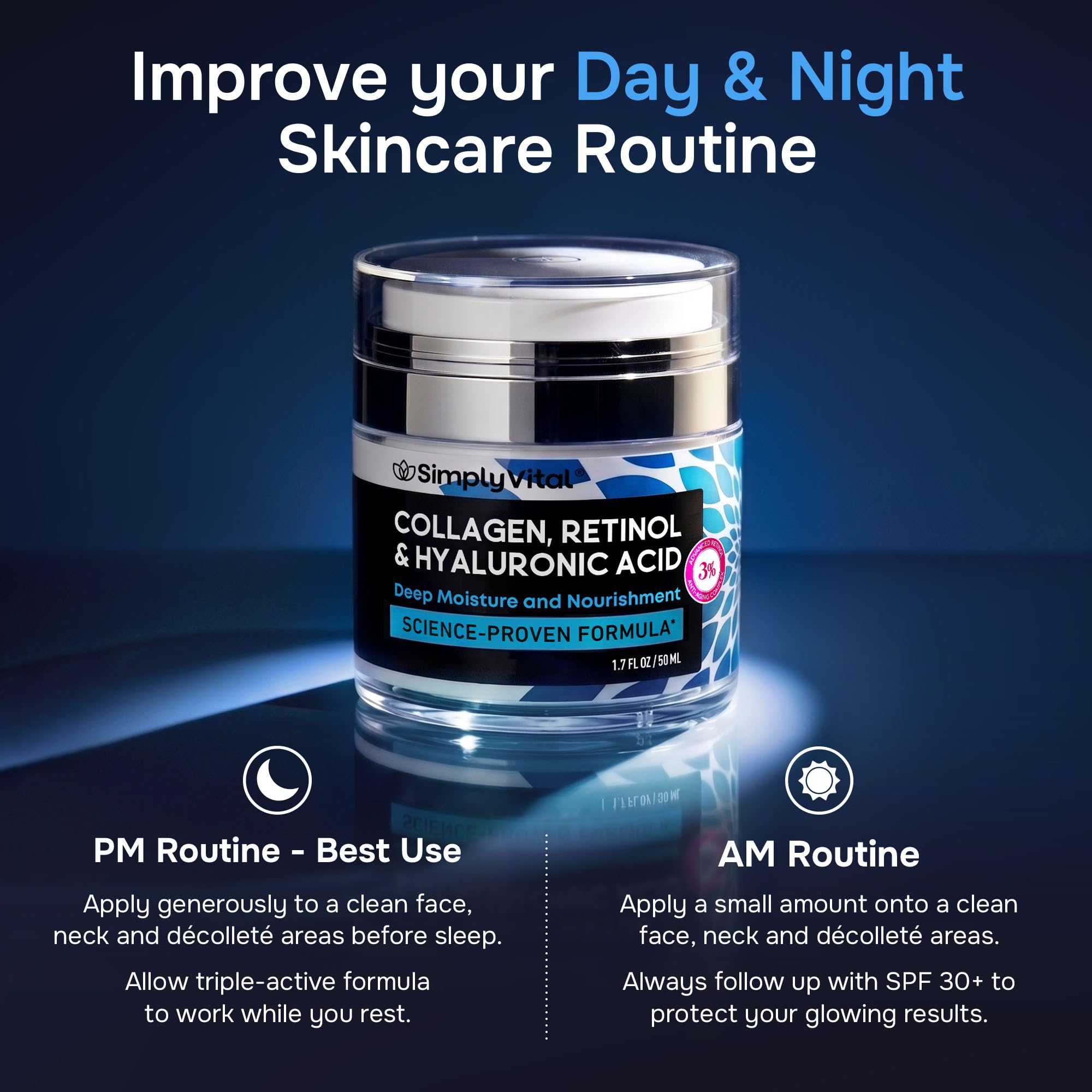 SimplyVital Face Moisturizer Retinol Collagen Hyaluronic Acid Cream 1.7 oz | Anti-Aging, Moisturizer Face Cream for Women & Men, Visibly Firming, Hydrating Neck Care, Day & Night Skin Care, Silky Feel