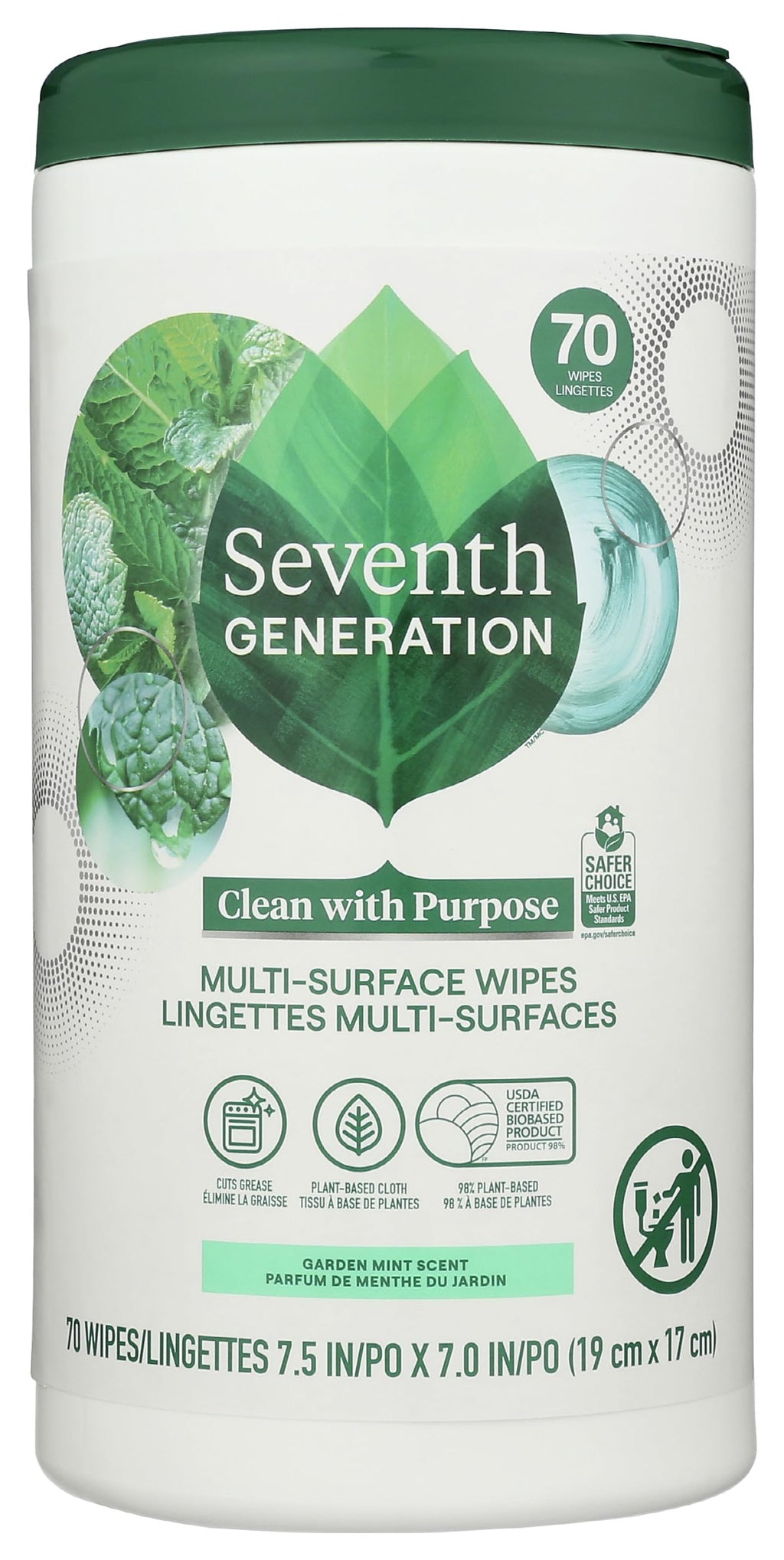 Seventh Generation Multi-Surface Wipes, Garden Mint Scented, 70 Count
