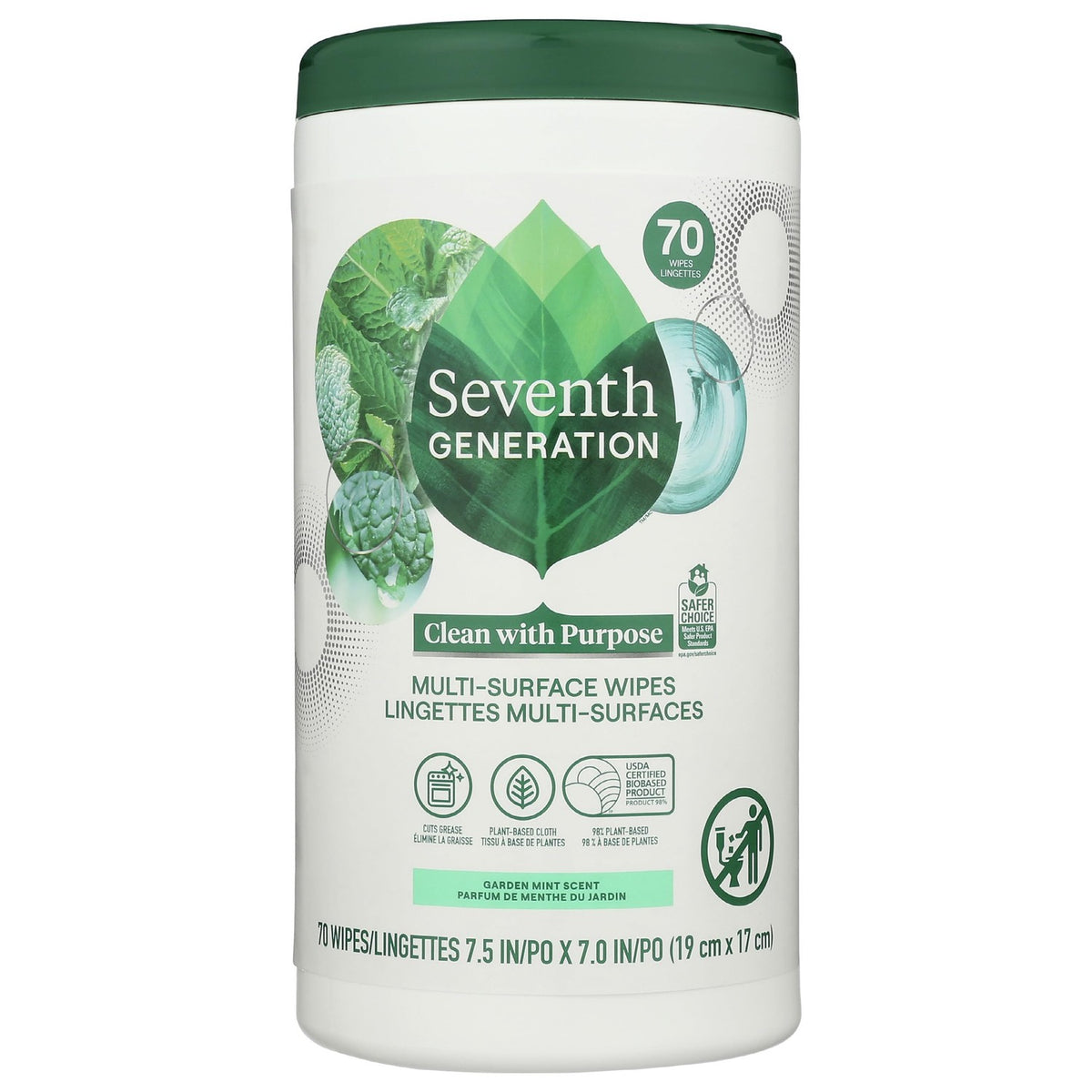 Seventh Generation Multi-Surface Wipes, Garden Mint Scented, 70 Count