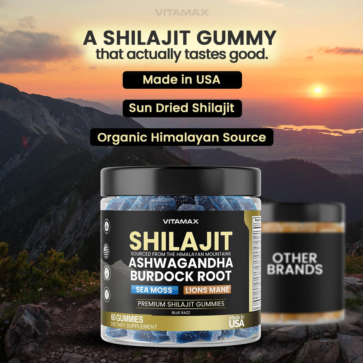 Pure Shilajit Gummies, Sea Moss, Ashwagandha, 105+ Trace Minerals – Organic Burdock Root & Lions Mane Mushroom - Blue Razz – Vegan & Non-GMO – Made in USA – 60ct