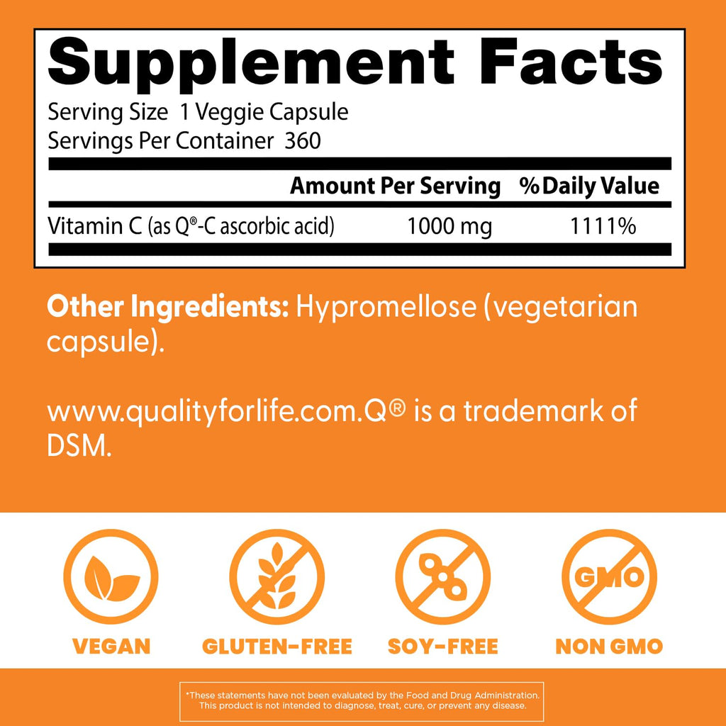 Doctor's Best Vitamin C 1000mg Supplement for Men & Women - Vegan Vitamin C Capsules as Q-C Ascorbic Acid, Immune Health Support for Adults, Non GMO, Gluten Free, Soy Free - 360 Veg Caps