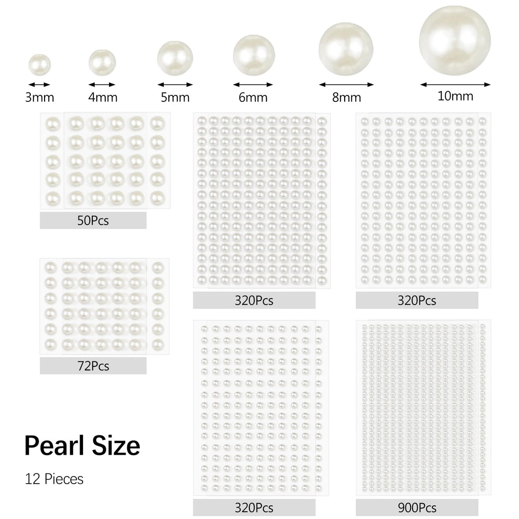 1982 Pcs Self-Adhesive Pearl Stickers, Multiple Sizes, Decorative Pearl Gems for Face, Crafts, Hair, Makeup, Nail