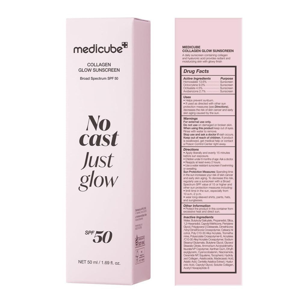 medicube Sunscreen No Cast Just Glow Collagen, SPF 50 | SPF 50 Hydrating Face Sunscreen - Lightweight & Non-Sticky Formula, Peptide & Cica for Soothing & Glow, Korean Skincare