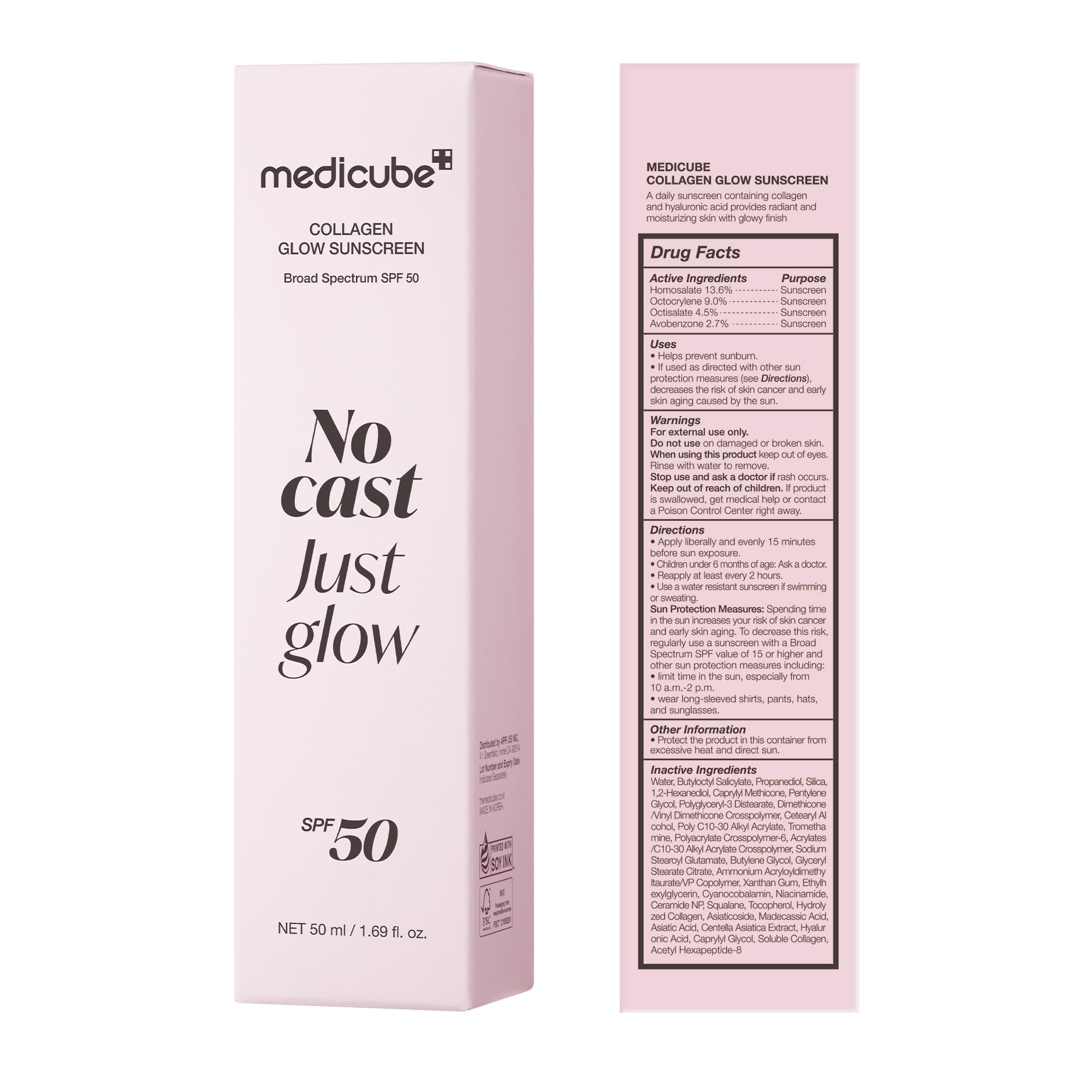 medicube Sunscreen No Cast Just Glow Collagen, SPF 50 | SPF 50 Hydrating Face Sunscreen - Lightweight & Non-Sticky Formula, Peptide & Cica for Soothing & Glow, Korean Skincare