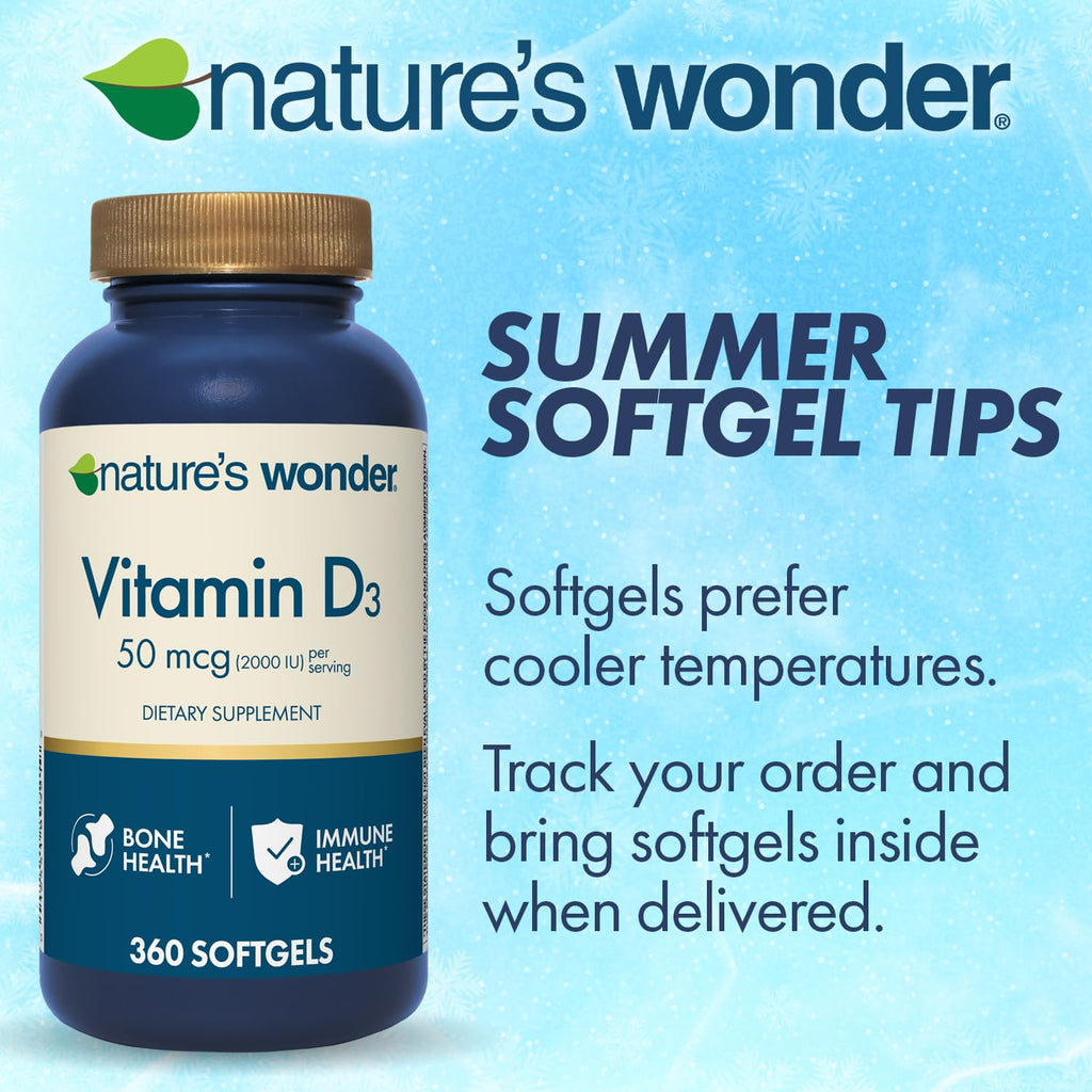 Nature's Wonder Vitamin D3 2000 IU (50mcg), Gluten-Free, 360 Softgels | Potent Bone Health, Immune Function & Calcium Absorption Support for Women & Men, Year Round Daily Wellness, 360 Day Supply