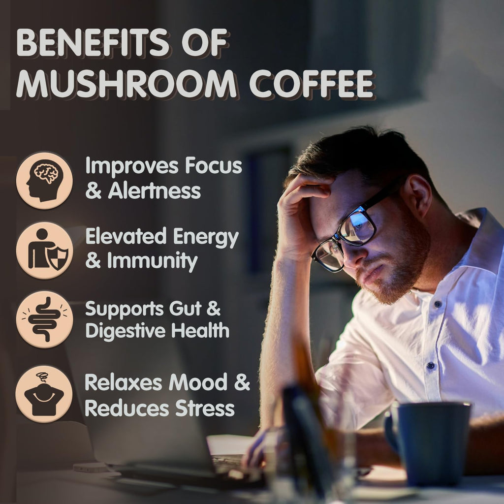 Mushroom Coffee, 6 Adaptogenic Mushrooms (Lion's Mane, Cordyceps, Turkey Tail & Other) Mixed with Premium Instant Coffee for Focus, Energy, Immune and Gut Health Support, 30 Servings