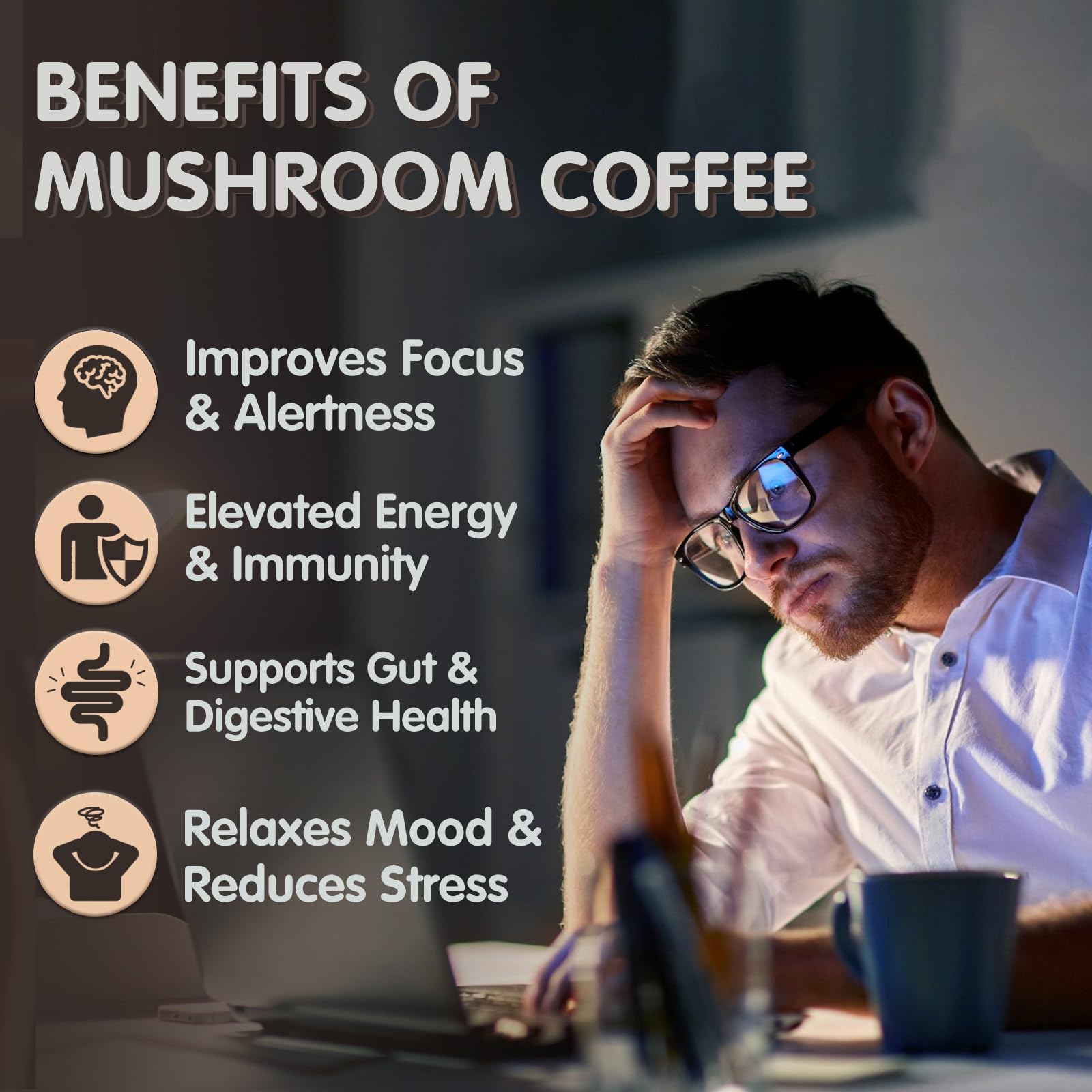 Mushroom Coffee, 6 Adaptogenic Mushrooms (Lion's Mane, Cordyceps, Turkey Tail & Other) Mixed with Premium Instant Coffee for Focus, Energy, Immune and Gut Health Support, 30 Servings