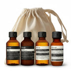 Aesop Arrival Travel Shower Set (4-Piece) Hair & Body Care Kit – Shampoo, Conditioner, Geranium Leaf Body Cleanser & Rind Concentrate Body Balm – 1.7oz/50mL Each – Gift Set with Reusable Canvas Bag