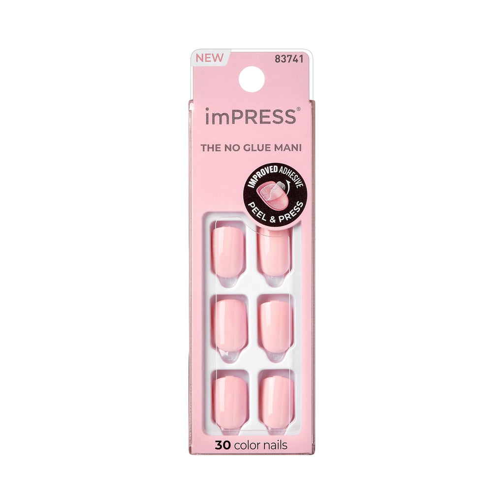 Kiss Impress No Glue Mani Press On Nails, Color, 'Point Pink', Pink, Short Size, Squoval Shape, Includes 30 Nails, Prep Pad, Instructions Sheet, 1 Manicure Stick, 1 Mini File