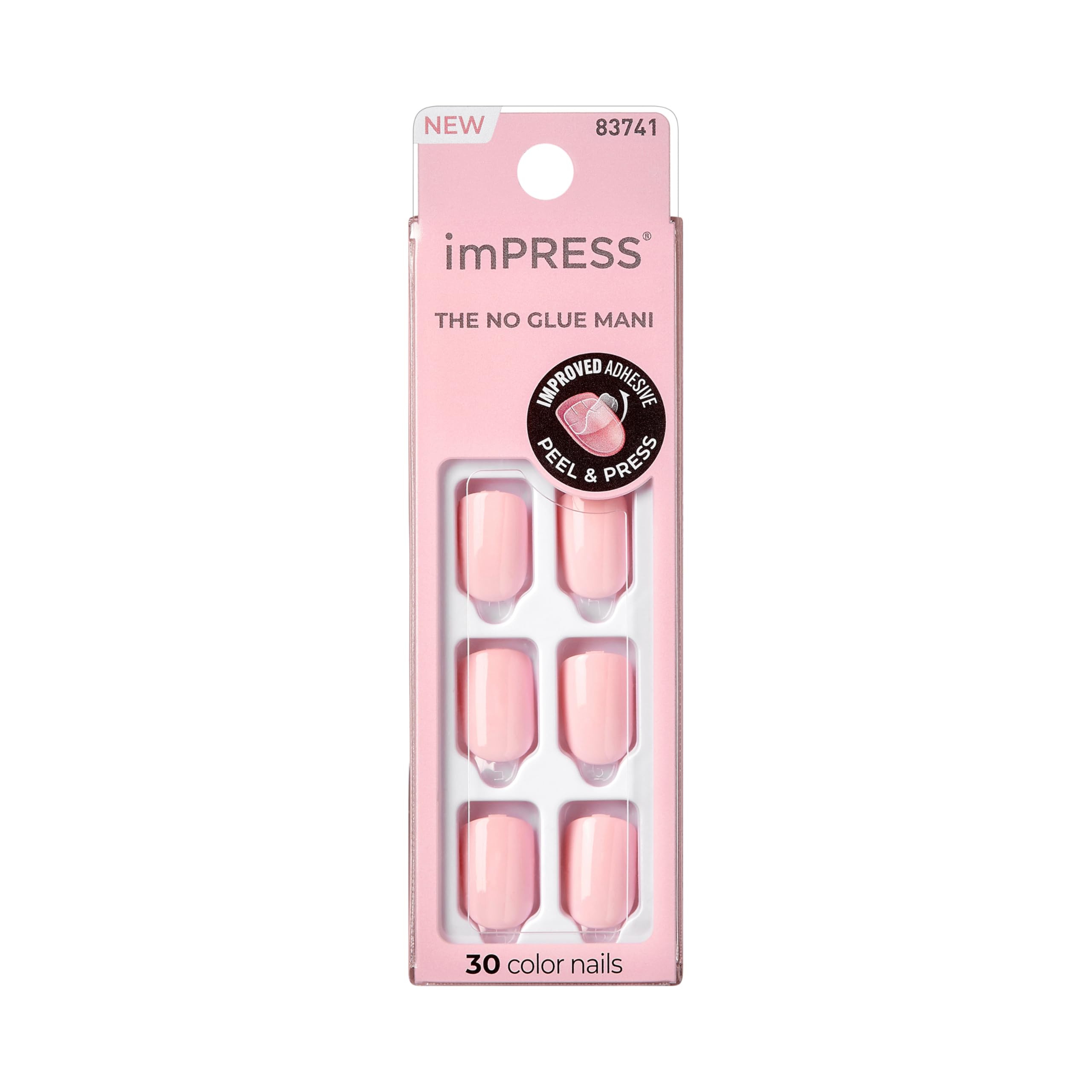 Kiss Impress No Glue Mani Press On Nails, Color, 'Point Pink', Pink, Short Size, Squoval Shape, Includes 30 Nails, Prep Pad, Instructions Sheet, 1 Manicure Stick, 1 Mini File