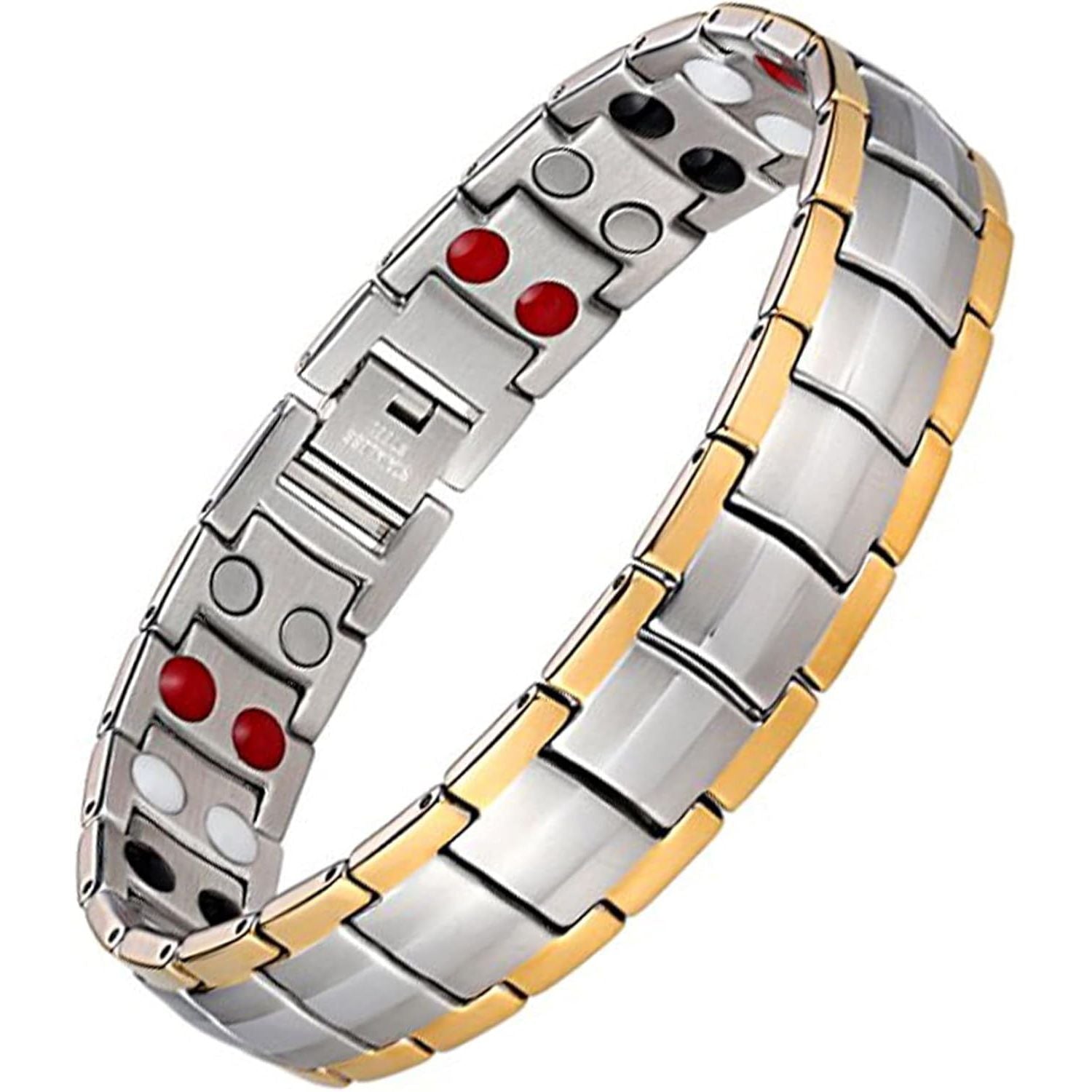 Buy now Feraco Mens Magnetic Bracelet Titanium Steel Magnetic Bracelet with Double Row 4 Elements Magnets (Silver) Silver & Gold at indiglob india