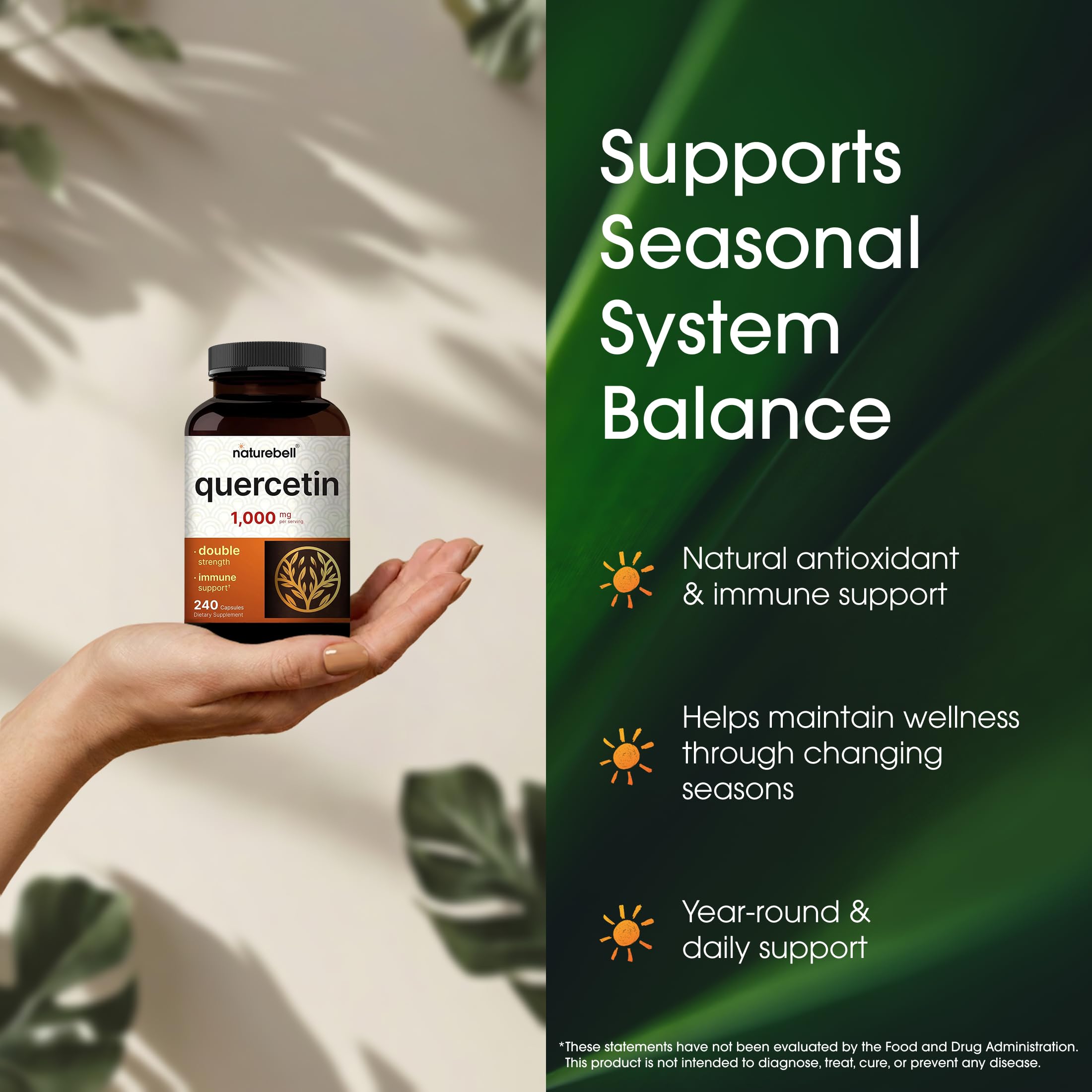 NatureBell Quercetin 1,000mg - 240 Capsules - Ultra Strength Supplement for Healthy Immune Support* - Quercetin Dihydrate from Sophora Japonica - 3rd Party Tested - Single-Ingredient Purity