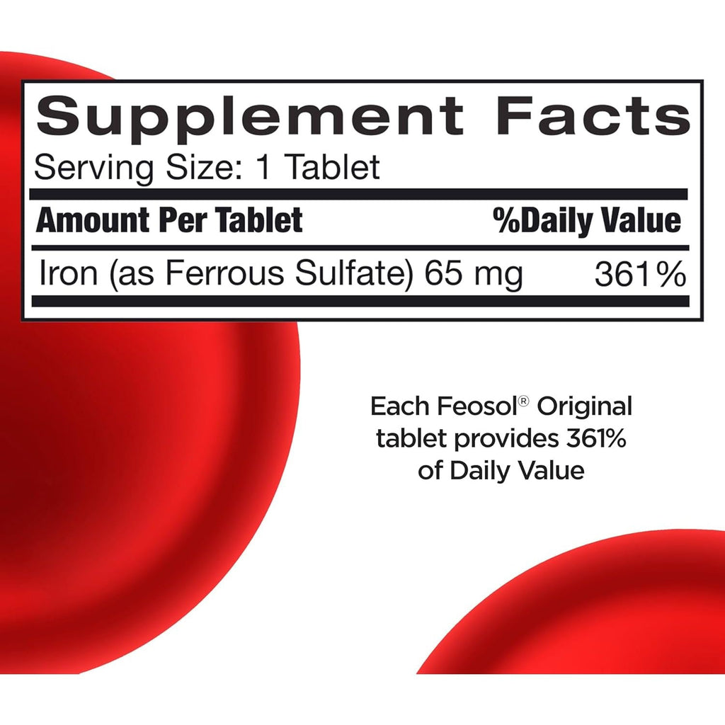 Buy now Feosol Original Iron Supplement Tablets, Non-heme, 325mg Ferrous Sulfate (65mg Elemental Iron) per Iron Pill, 1 Per Day, 120ct, 4 Month Supply, for Energy and Immune System Support, Made in USA at indiglob india