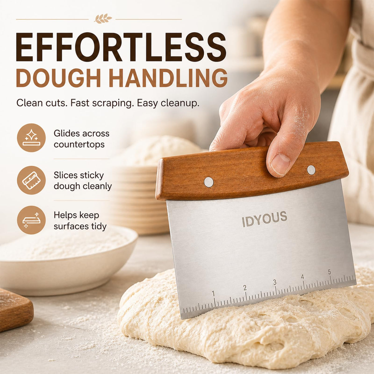 Bench Scraper and Dough Cutter, Stainless Steel Bread Cutter
