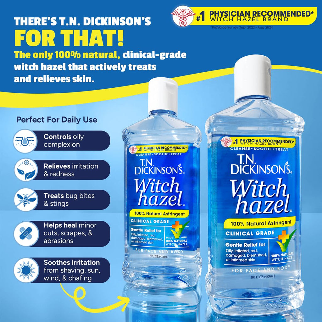 T.N. Dickinson's Witch Hazel 100% Natural Astringent | 8 Fl Oz | Pure Witch Hazel, Fragrance Free; Cleanses & Soothes Skin; Clinical Grade; for Face & Body