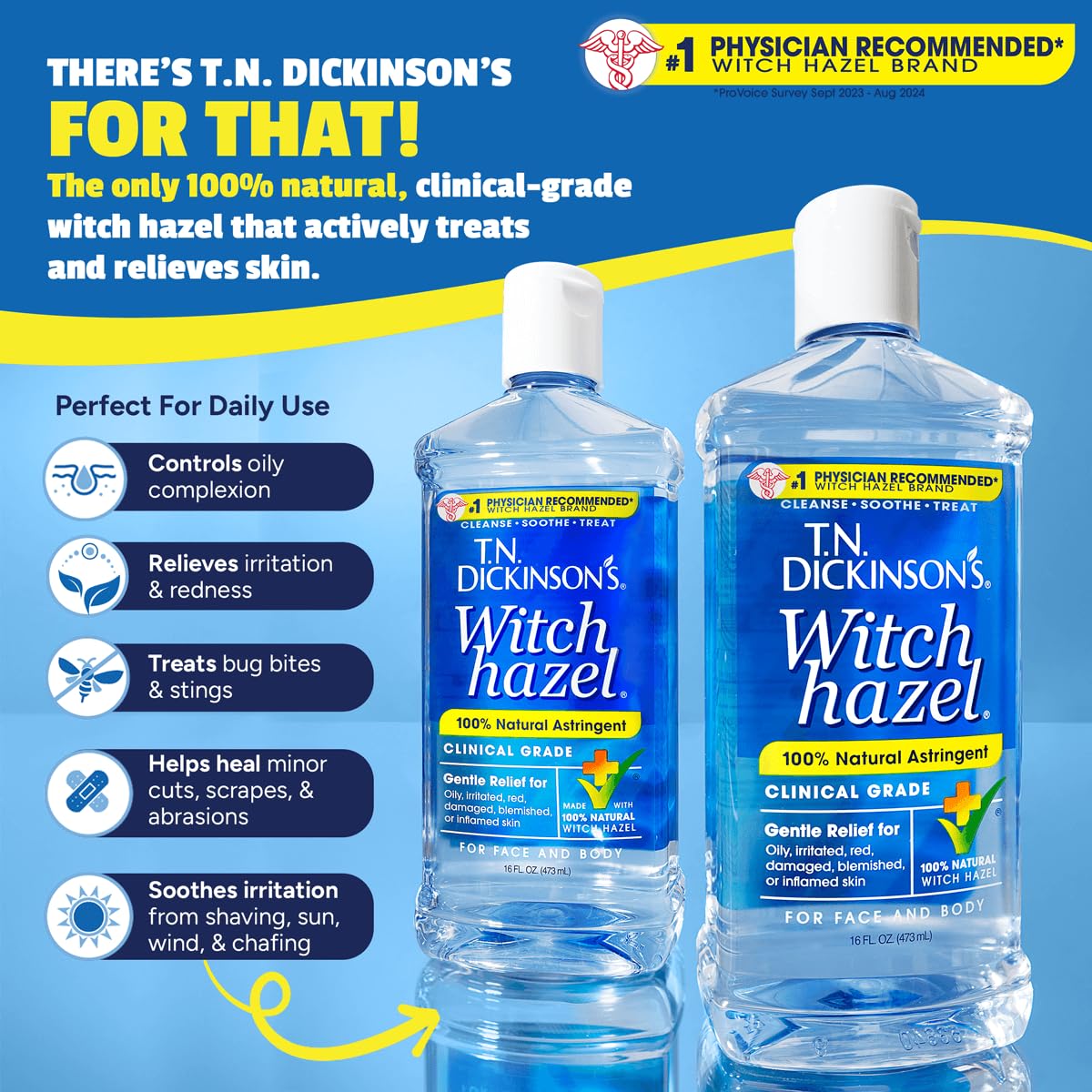 T.N. Dickinson's Witch Hazel 100% Natural Astringent | 8 Fl Oz | Pure Witch Hazel, Fragrance Free; Cleanses & Soothes Skin; Clinical Grade; for Face & Body