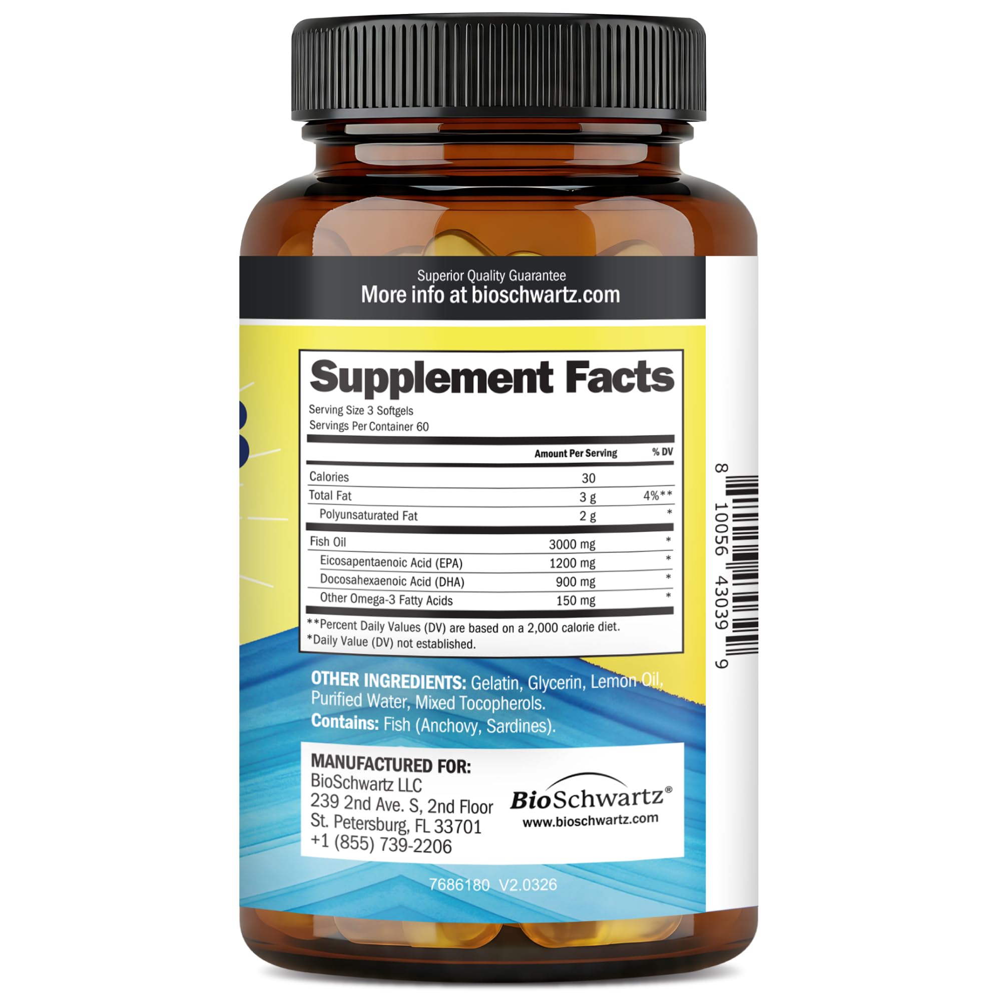 Triple Strength Omega 3 Fish Oil 3000mg for Women and Men, 180 Softgels | High Potency Omega 3 Supplement, Burpless Lemon Flavor Fish Oil - 2250mg Essential Fatty Acids with DHA & EPA, Wild Caught