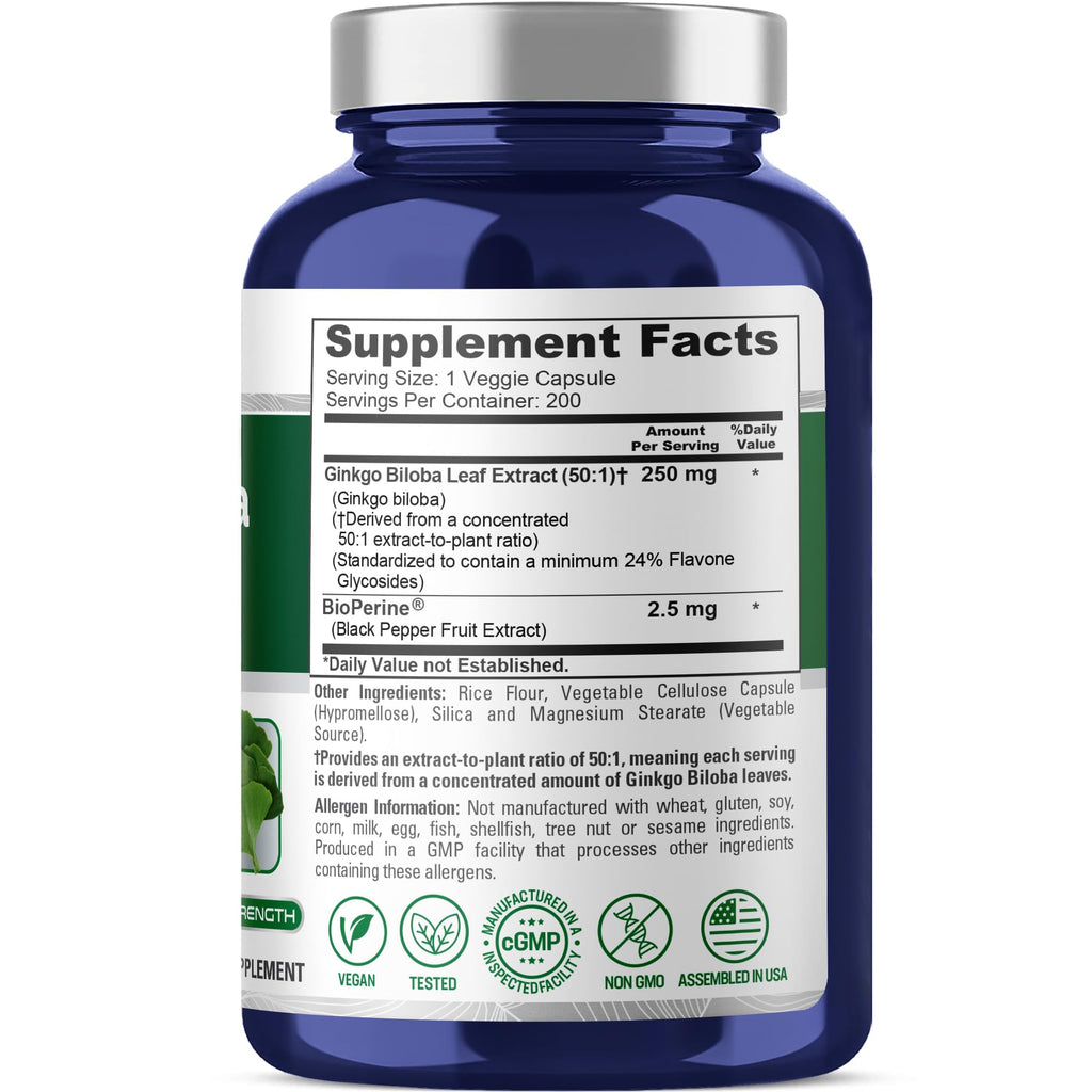 NusaPure Ginkgo Biloba, Vegan, 250mg, 200 Veggie Capsules - 200 Servings