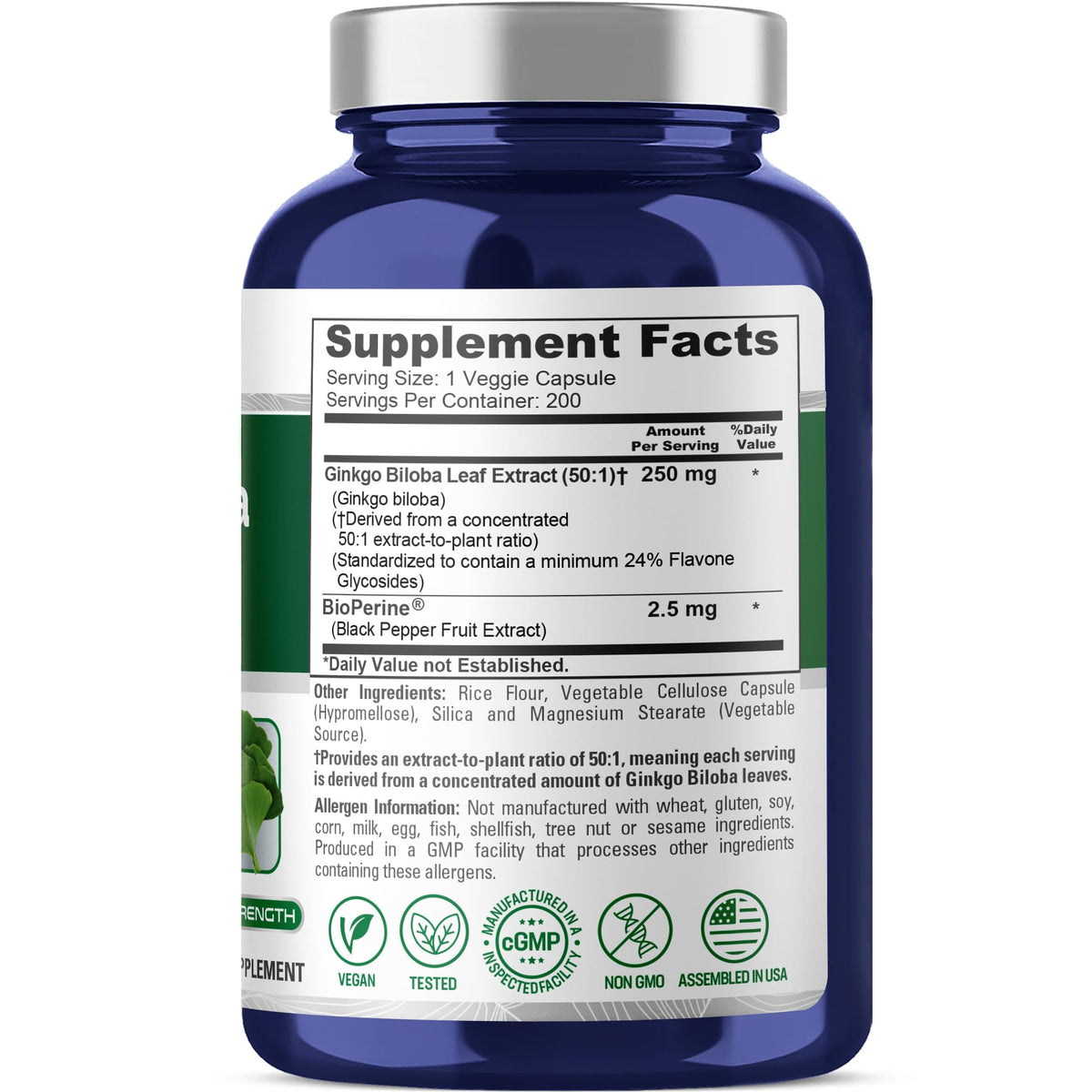 NusaPure Ginkgo Biloba, Vegan, 250mg, 200 Veggie Capsules - 200 Servings