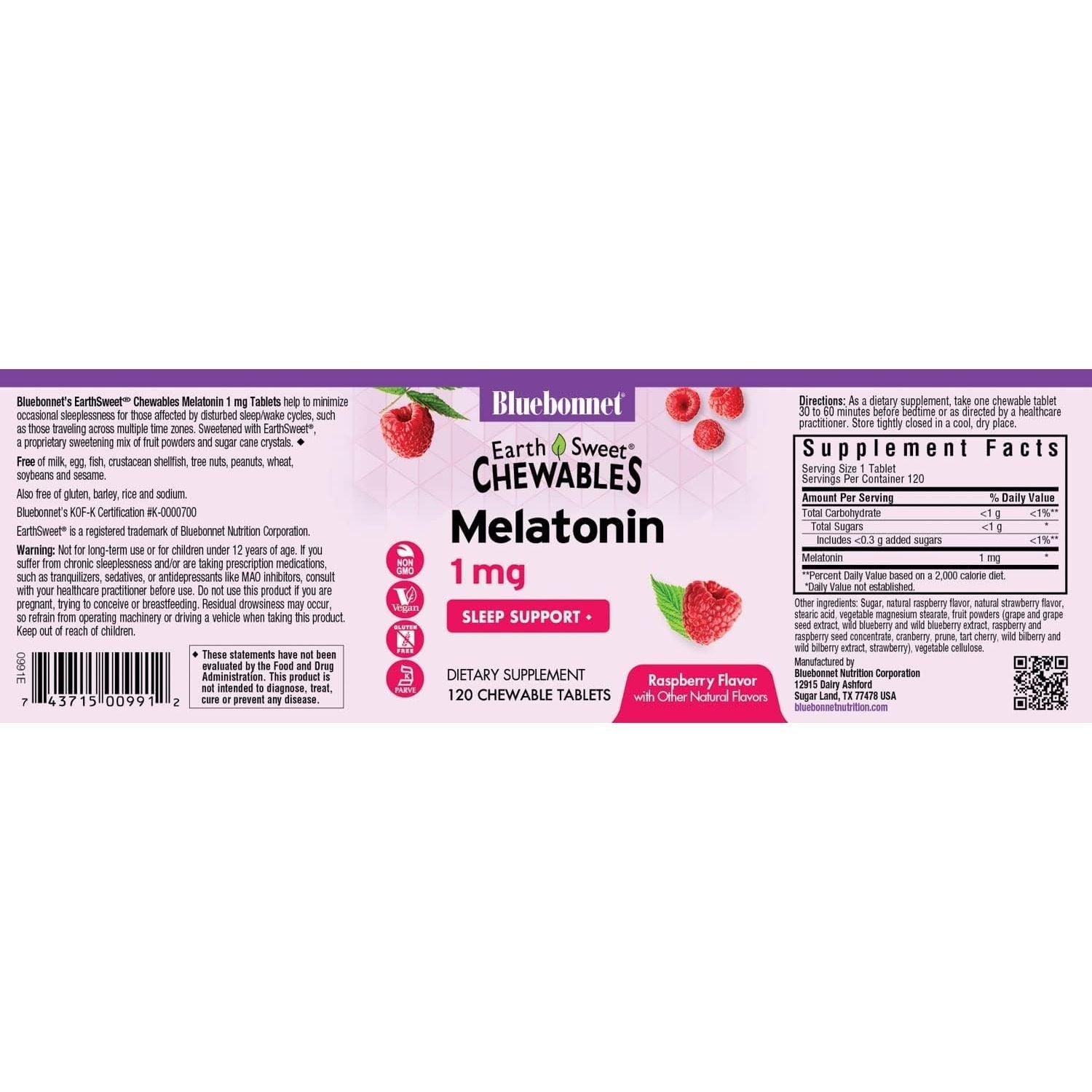 Buy now Bluebonnet Nutrition EarthSweet Melatonin 1 mg Fast-Acting Quick Dissolve Nighttime Relaxation & Restful Sleep Support - Sleep Aid - Gluten-Free, Vegan - Raspberry Flavor - 120 Chewable Tablets at indiglob india