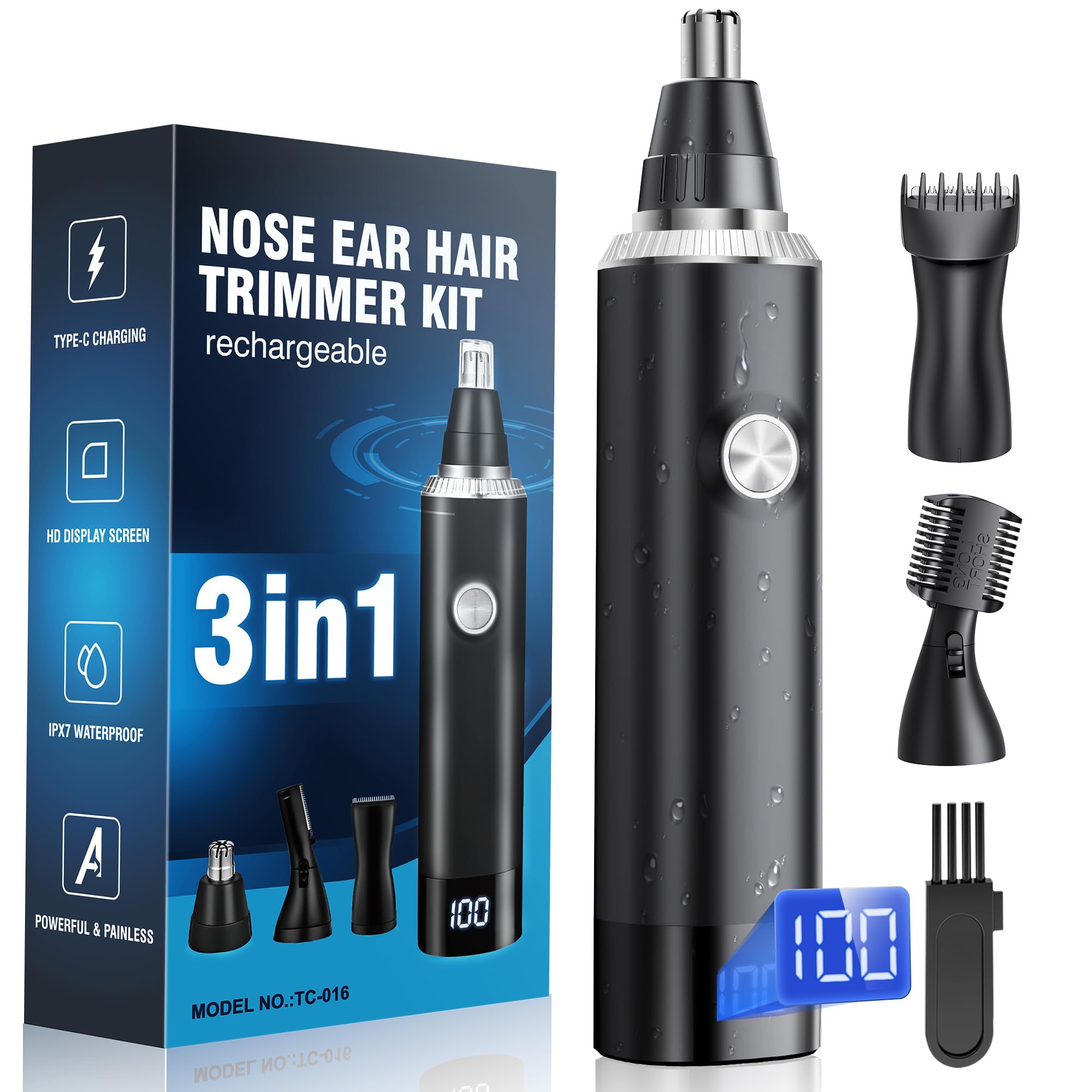 Nose Hair Trimmer for Men, 3-in-1 Professional Painless USB-C Rechargeable Eyebrow & Facial Nose Trimmer for Men Women, LED Display Trimmer with Powerful Motor and Dual-Edge Blades, Gold