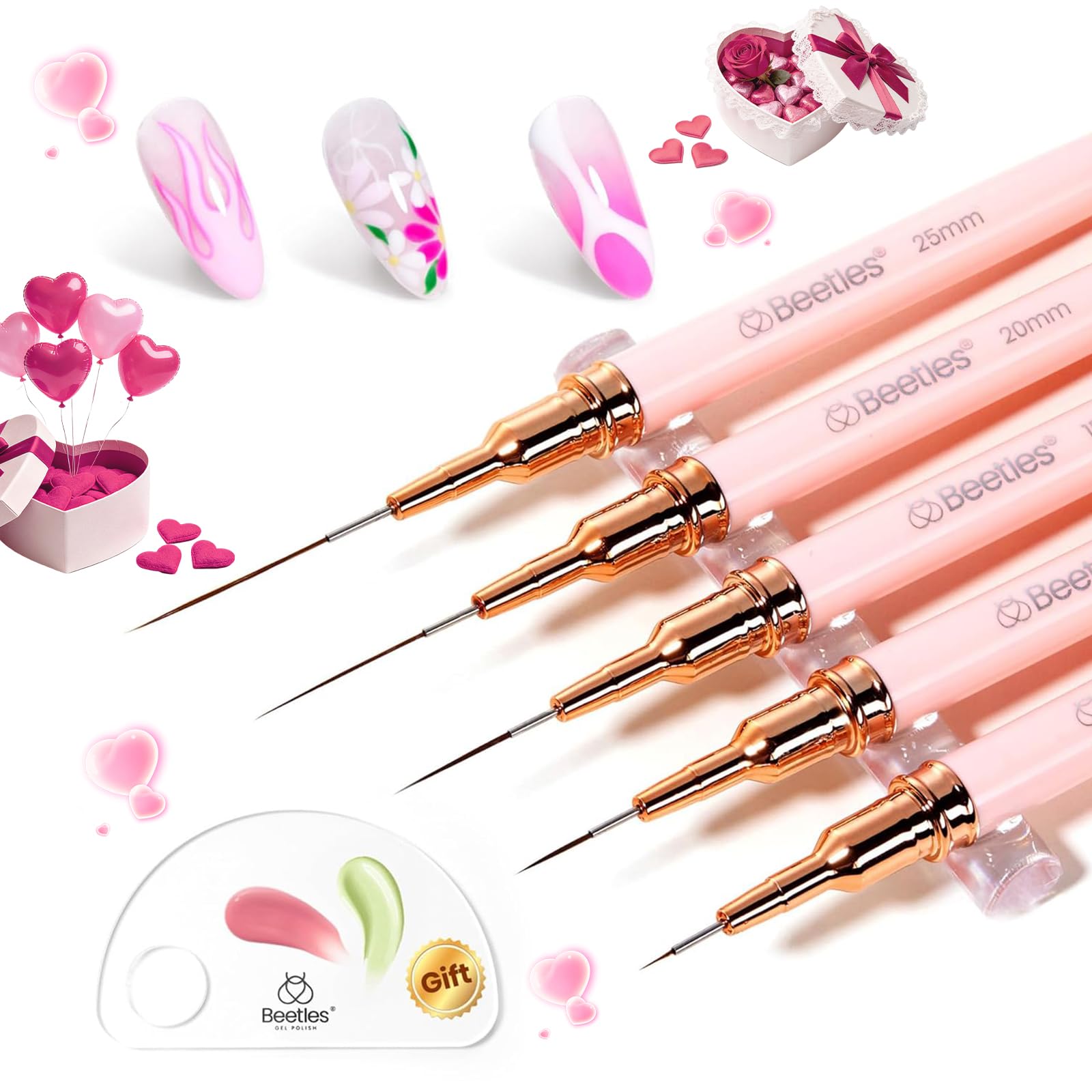 Beetles Gel Polish Nail Art Liner Brushes 5Pcs Painting Art Design Pen Set | Diamond Application Rhinestone Handle Dotting Drawing Sizes 5 7 9 11 20mm Nail Design Gift for Women