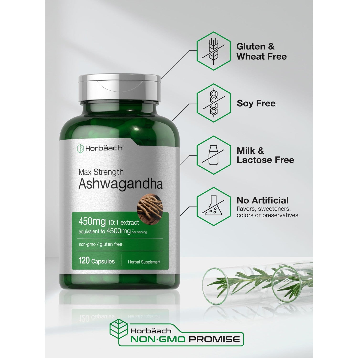 Horbäach Ashwagandha Supplement | Max Strength | 120 Capsules | Non-GMO, Gluten Free