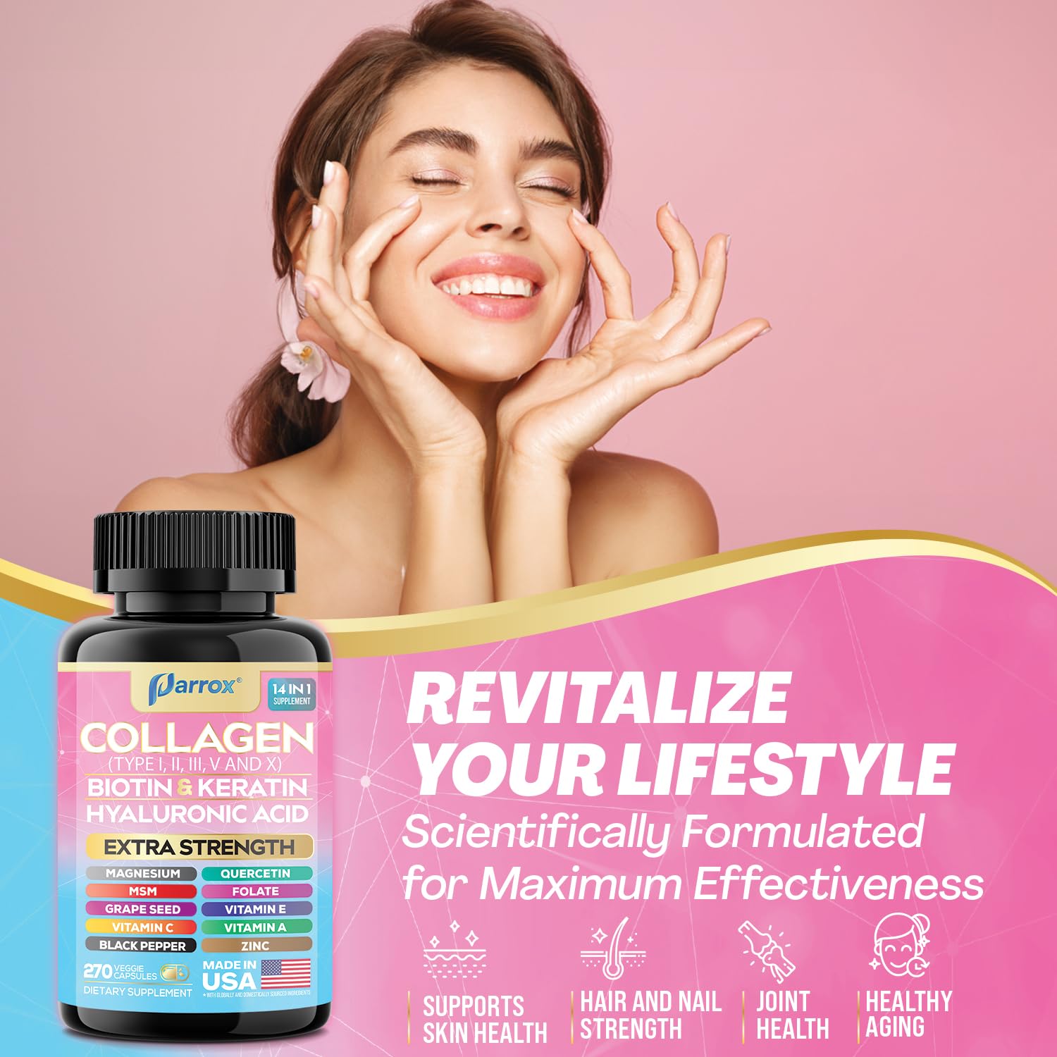 Collagen Peptides Types I, II, III, V & X, Biotin & Keratin, 270 Capsules | With Biotin, Keratin, Hyaluronic Acid, MSM, Zinc, Quercetin, Vitamins A, C, E, Magnesium & Folic Acida
