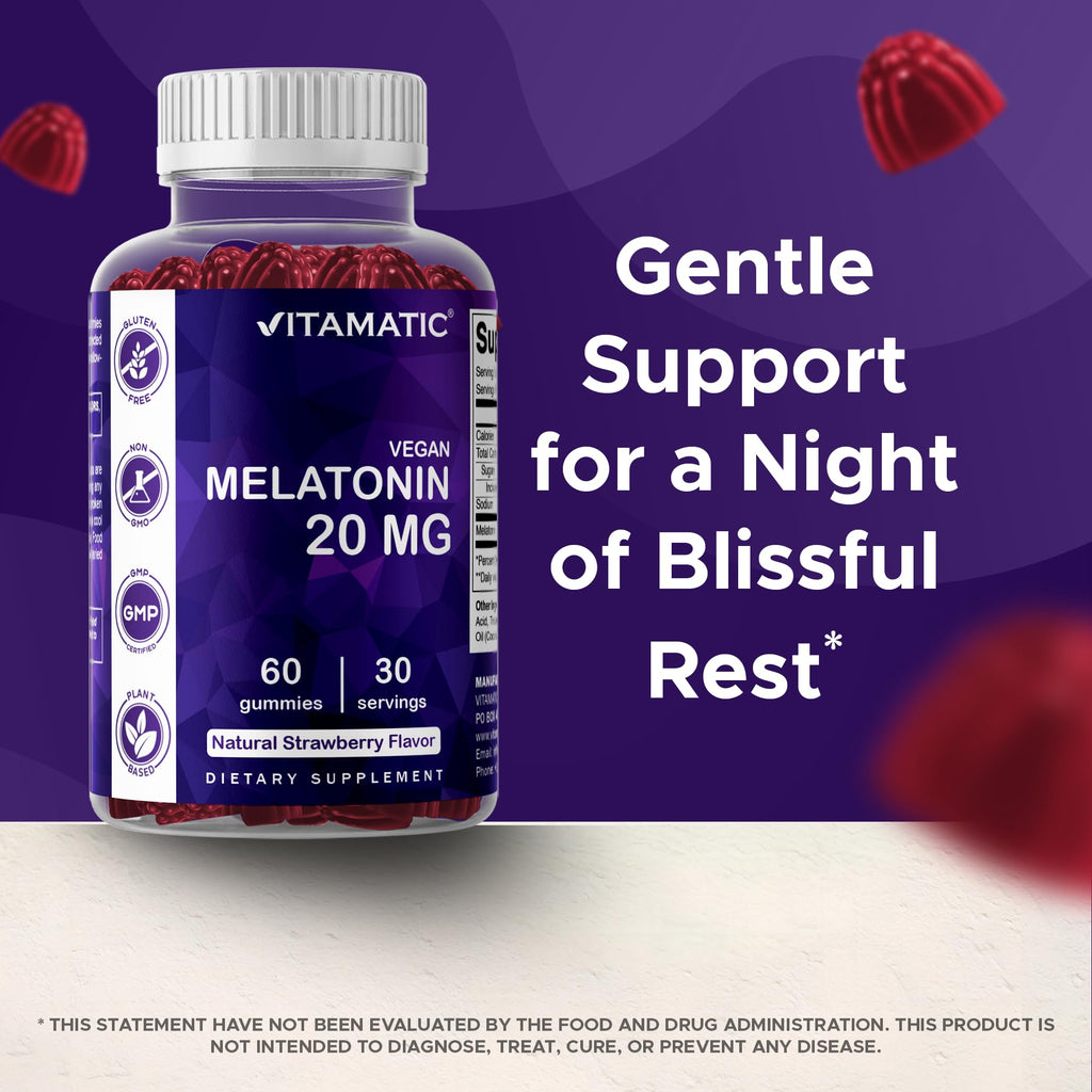 Vitamatic Melatonin 20 mg Gummies, Vegan, Strawberry, 60 Count - 2 Pack | 20 mg Melatonin Per Serving, Promotes Relaxation & Sleep Support*, Plant-Based, Gluten Free, Non-GMO
