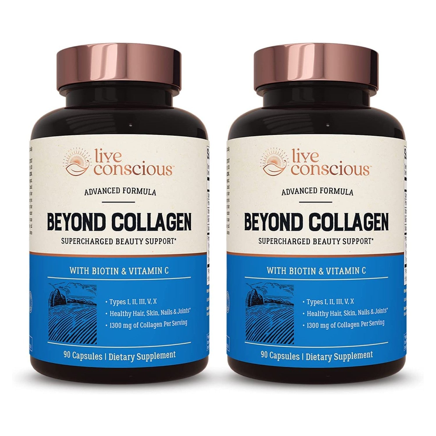 Live Conscious Beyond Collagen Multi Collagen Capsules - Types I, II, III, V & X - Hydrolyzed Blend with Biotin & Vitamin C for Hair, Skin, Nails 90 Capsules | Types I, II, III, V & X for Hair, Skin, & Nails - 90 Capsules