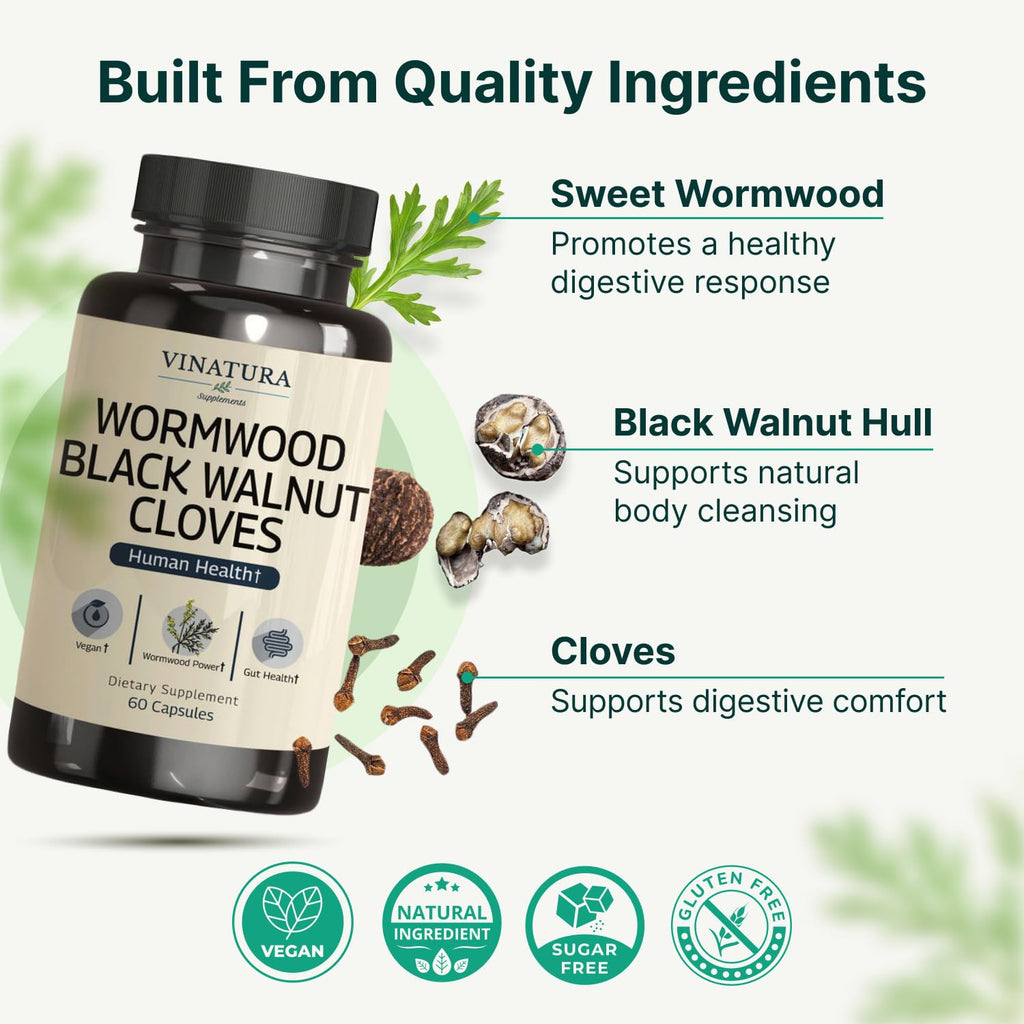 VINATURA Wormwood Black Walnut Clove Capsules - Cleanse, Detox, Intestinal Guard Formula Supplement for Humans, with Wormwood herb, Black Walnut Extract Combination, 60 Capsules