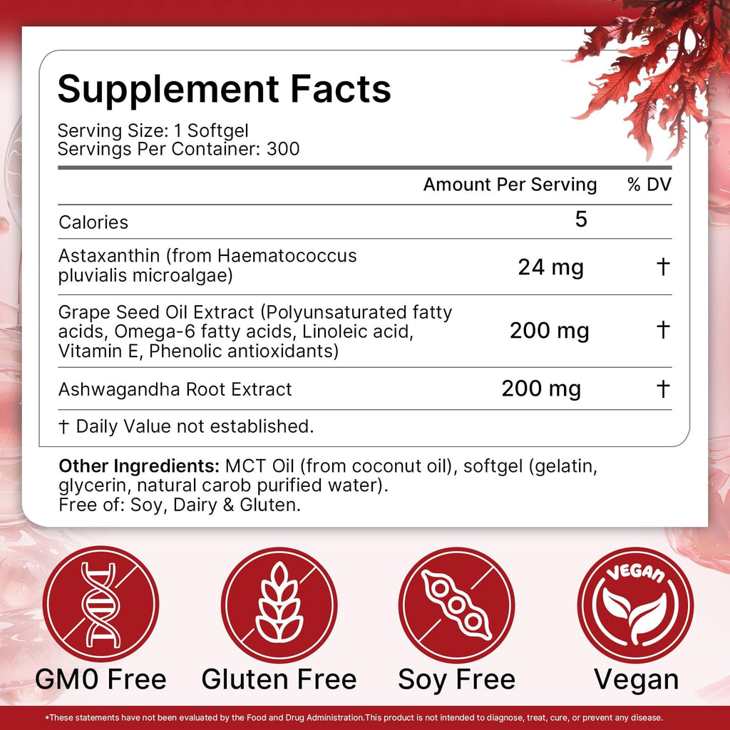 Astaxanthin Antioxidant Supplements 24mg with MCT Oil, Potent Astaxanthin with Ashawagandha, Support Eye, Skin, Immune Function, Fresh Microalgae Source, Triple Strength, 300 Softgels